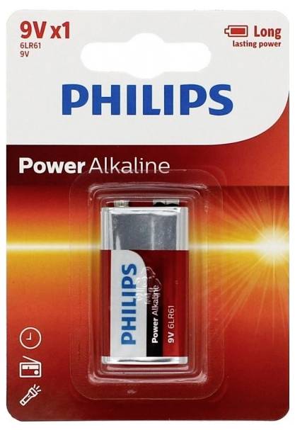 Pile alcaline Philips 9V en emballage, 9V x1, longue durée de vie, Modèle 6LR61. Adaptée aux appareils à forte consommation énergétique.