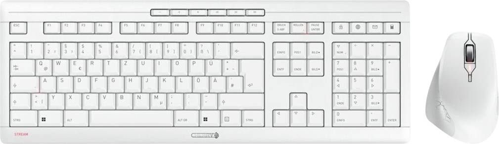 Clavier d'ordinateur blanc et souris sur fond blanc. Le clavier dispose d'une disposition complète des touches avec un pavé numérique.