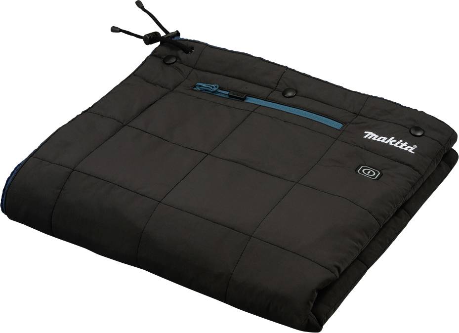 Couverture pliée de couleur noire avec une pochette zippée bleue et un cordon de serrage. Logos sur la couverture.