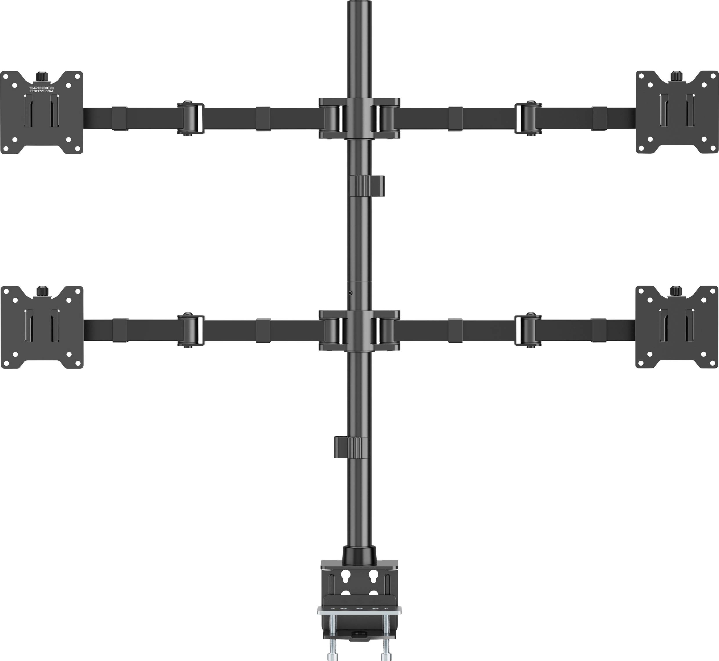Un support triple moniteur avec une tige verticale, trois bras horizontaux et des options de montage pour écrans, conçu pour optimiser l'espace de travail.