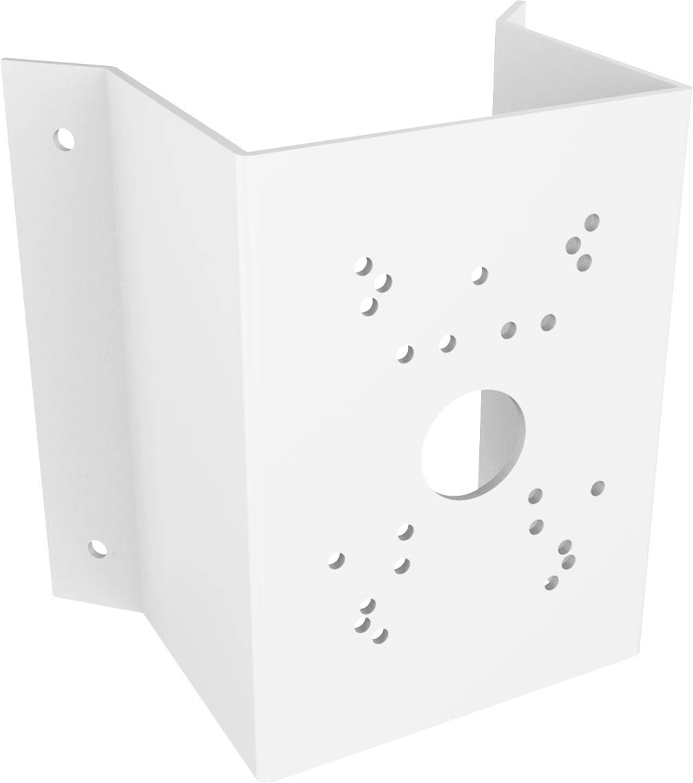 Support rectangulaire blanc en métal avec plusieurs trous de fixation, utilisé pour l'installation d'appareils sur des murs.