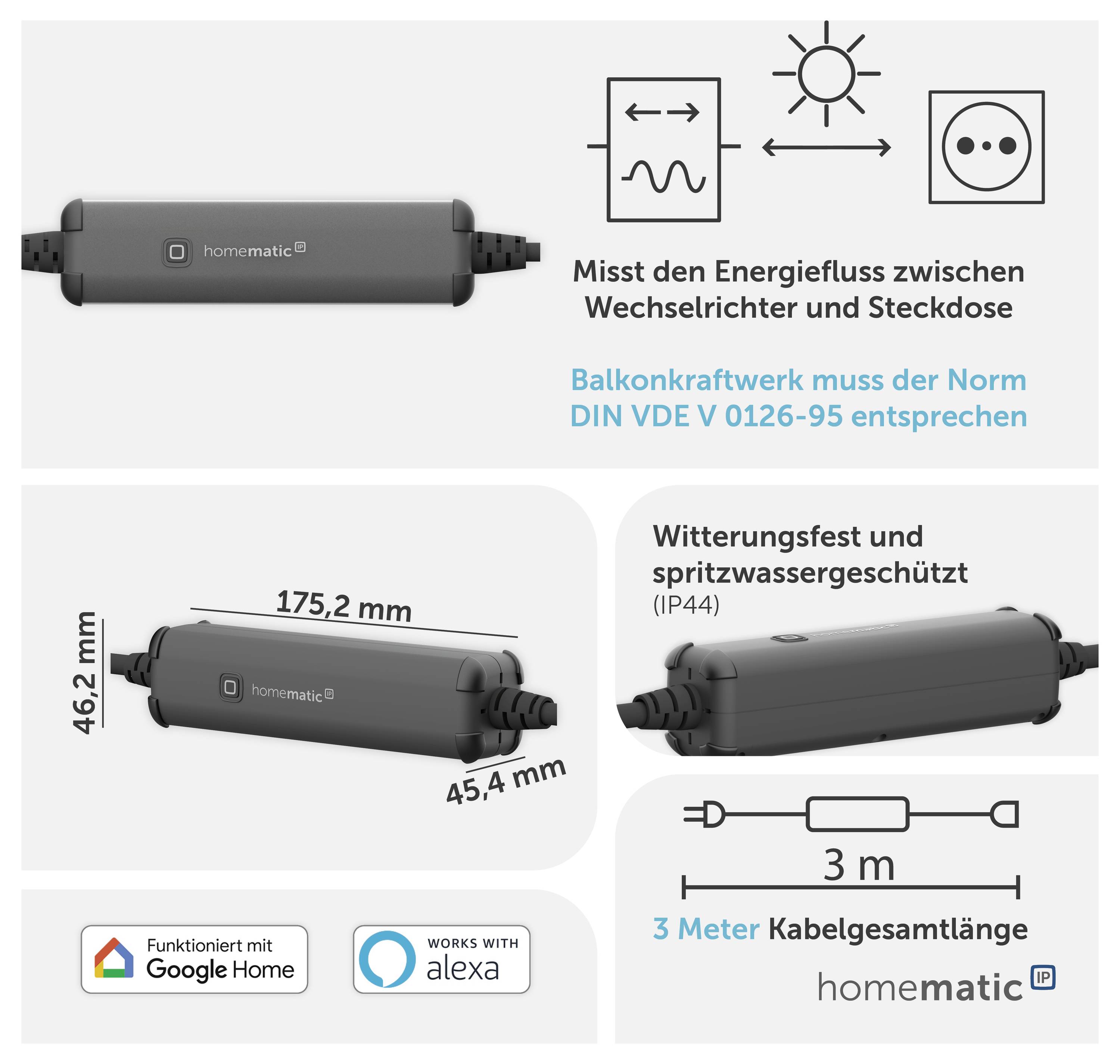 Produktgrafik eines Homematic-Adapters für Balkonkraftwerke: misst den Energiefluss zwischen Wechselrichter und Steckdose, wetterfest IP44, 3 m Kabel, Maße 175,2 × 46,2 × 45,4 mm.