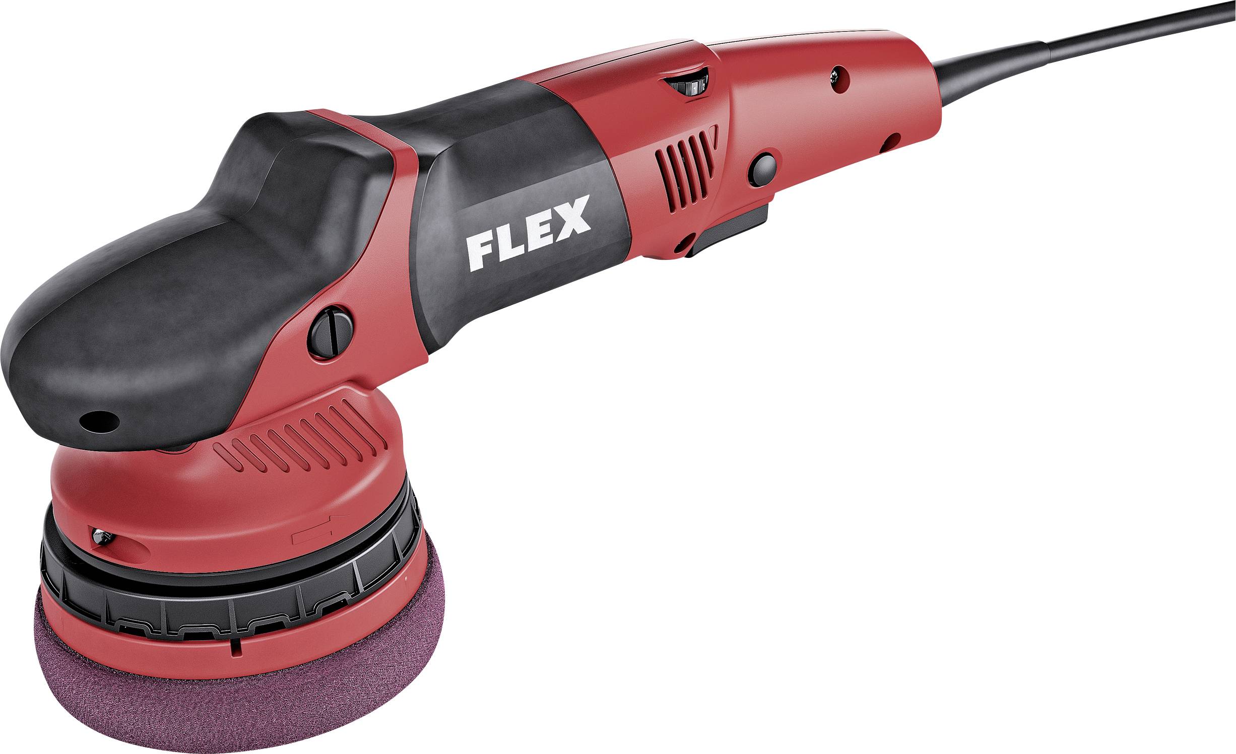 Machine polisseuse rouge et noire avec poignée ergonomique et logo Flex, utilisée pour polir des surfaces.