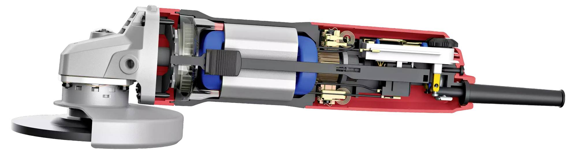 Une coupe transversale d'une machine à rectifier montrant les composants internes et leur disposition, y compris le moteur et la transmission.