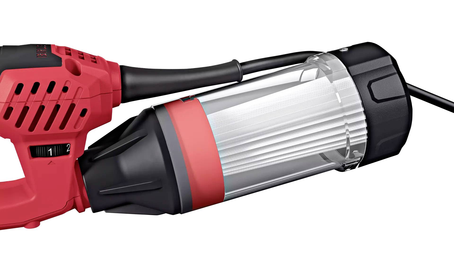 Un meuleuse d'angle électrique rouge avec une poignée noire et un carter de protection transparent, disposée horizontalement.