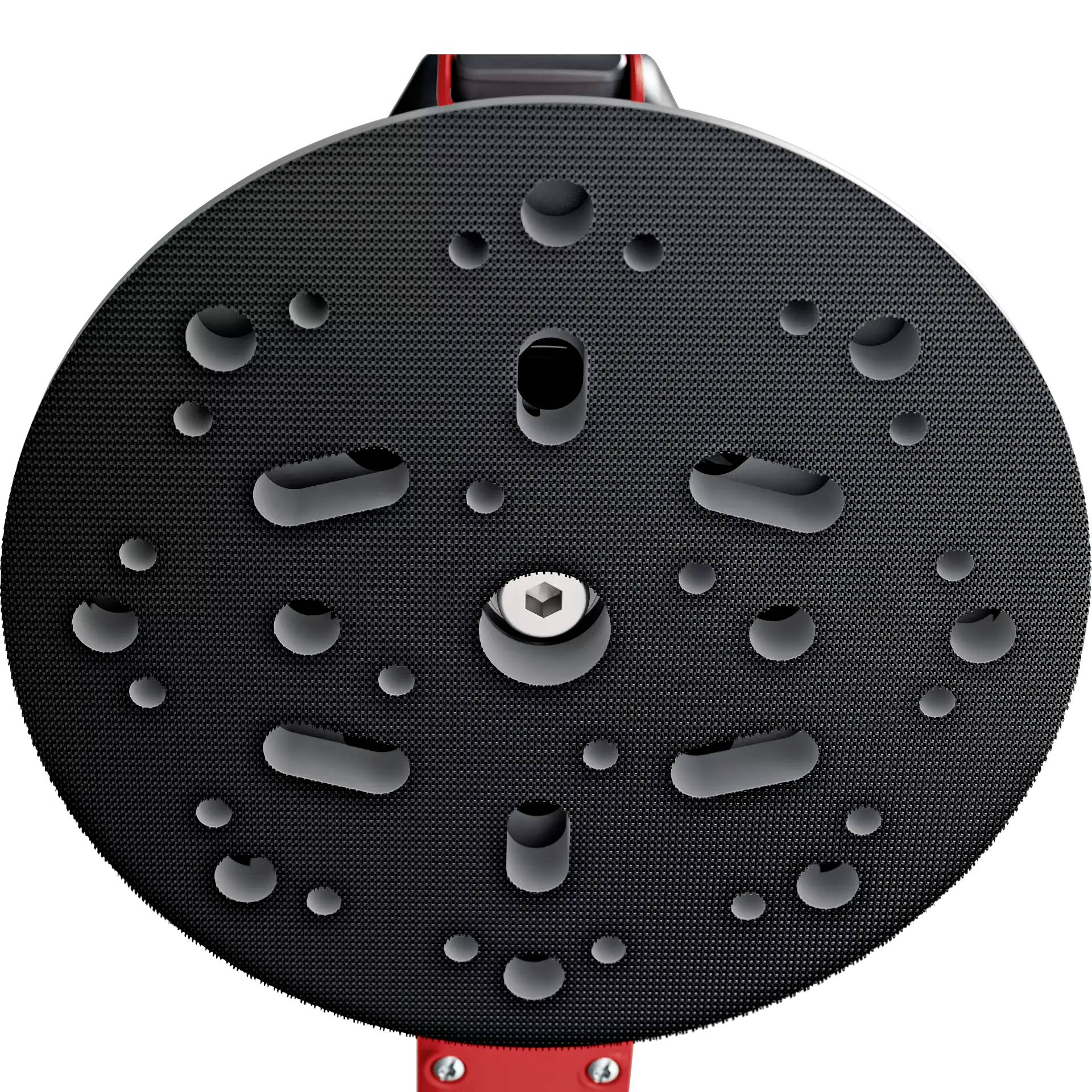 Un disque de polissage noir avec des trous, monté sur un polisseur rouge. Il est utilisé pour le polissage automobile et le traitement de surface.