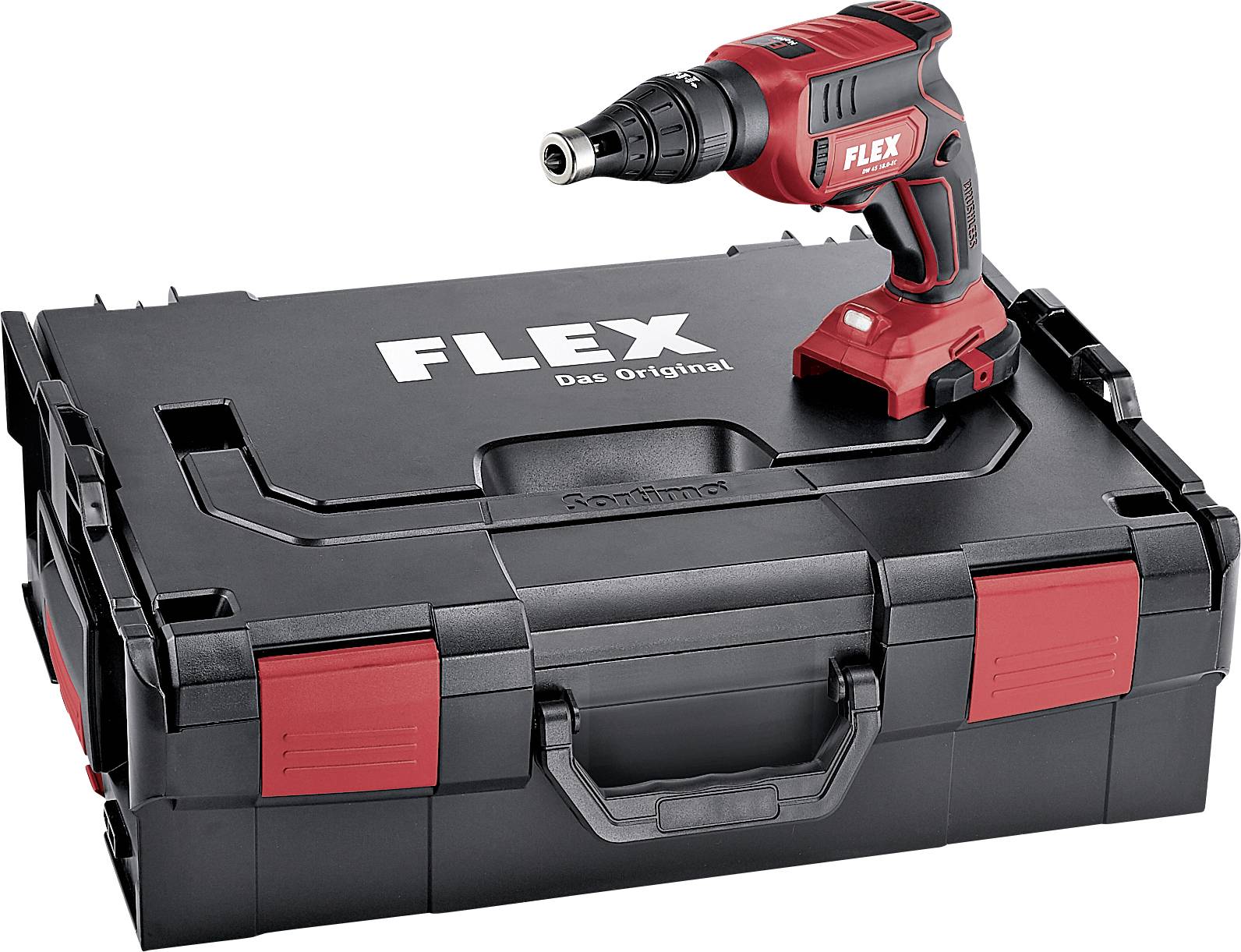 Visseuse sans fil sur une mallette à outils noire avec un accent rouge, marque 'FLEX'.