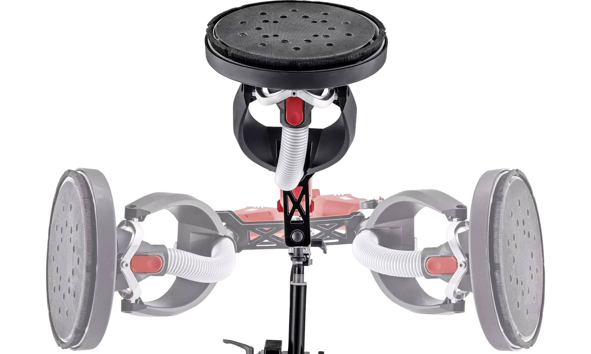 Tabouret de batterie dynamique avec base stable, surface assise rembourrée et options de réglage en hauteur.