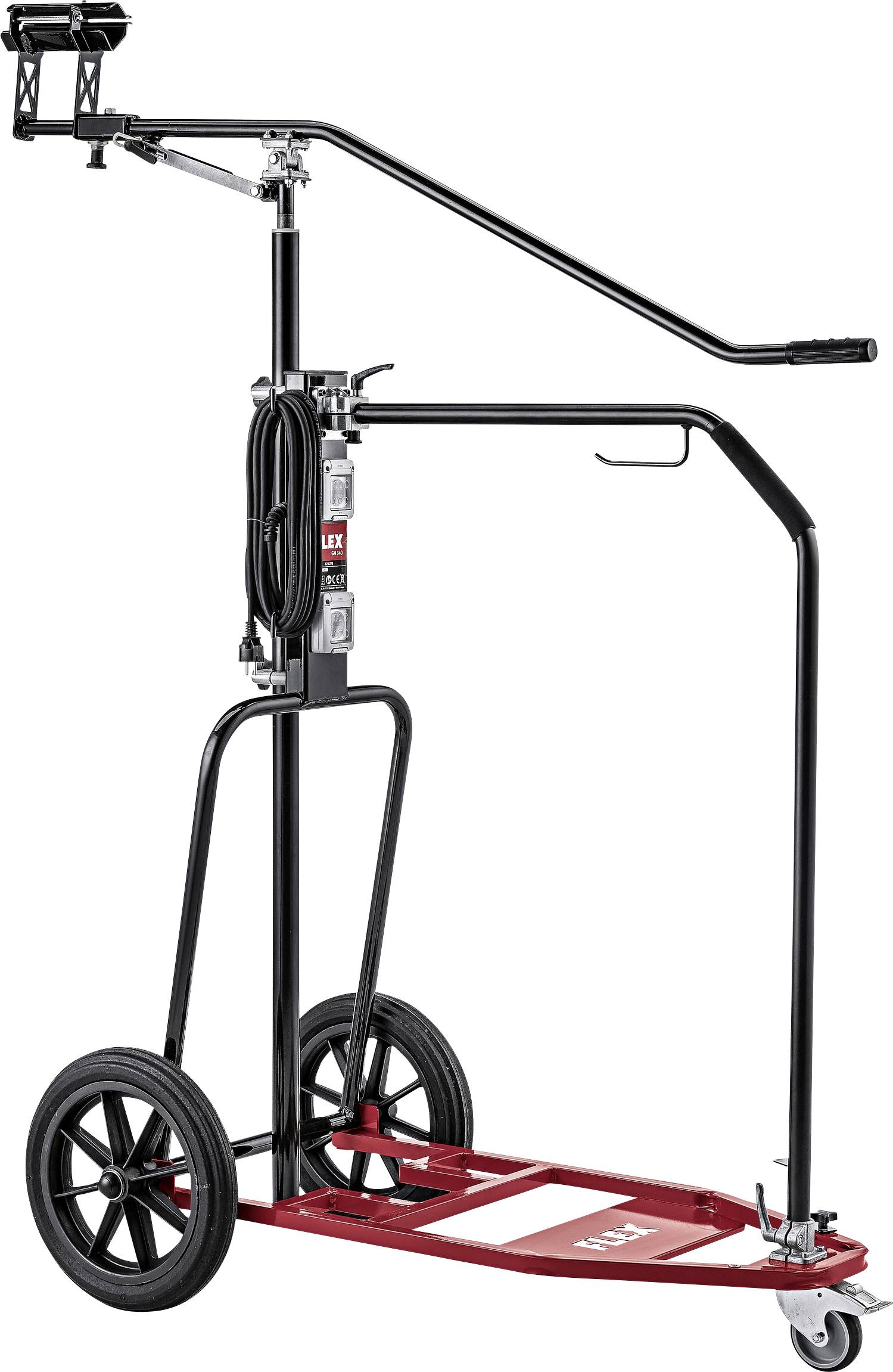 Un tracteur-tondeuse à gazon noir et rouge de type taupe, avec deux grandes roues et une petite roue avant pour la stabilité.