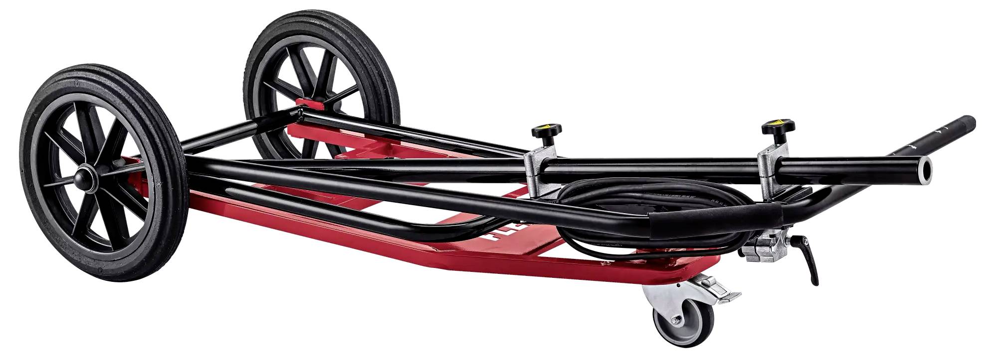 Une voiture rouge à quatre roues, dont une roue avant pivotante, avec un châssis tubulaire noir. Idéale pour le transport de charges lourdes.