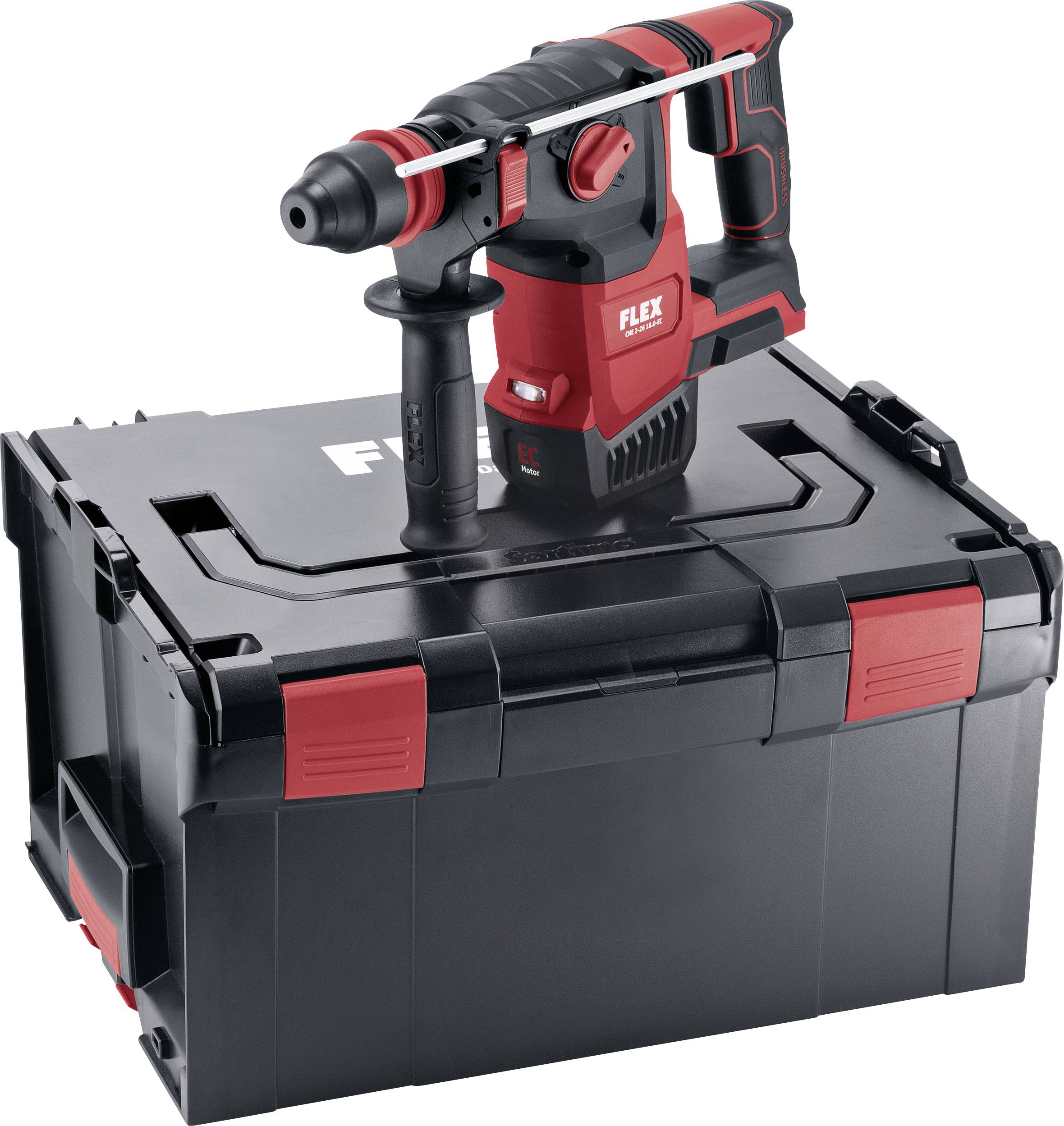 Un marteau-piqueur rouge est posé sur un coffret à outils noir et robuste. Le marteau-piqueur présente une conception ergonomique pour une manipulation facile.