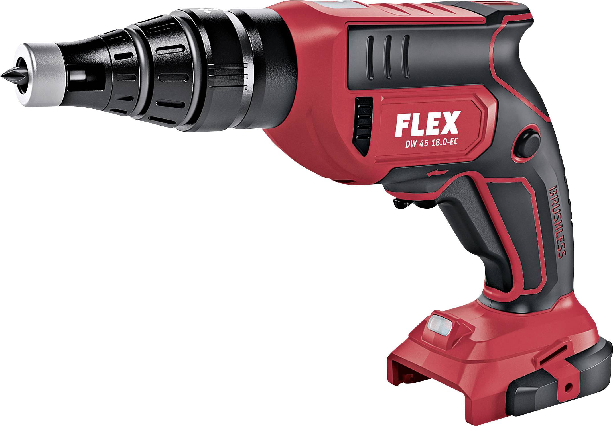 Un tournevis sans fil rouge portant l'inscription 'FLEX DW 45 18.0-EC', rotatif vers la gauche, de conception compacte.