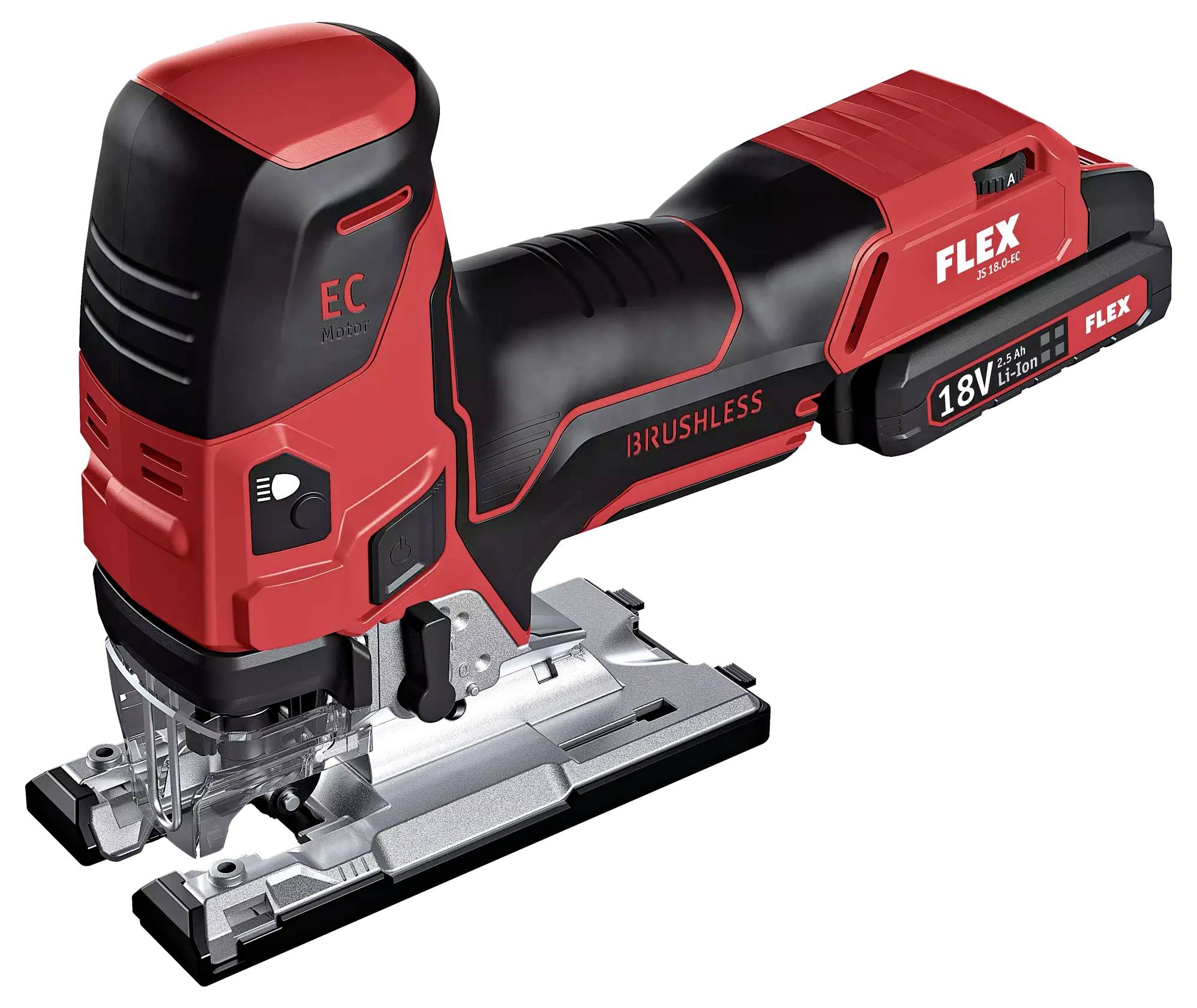 Scie sauteuse alimentée par batterie avec boîtier rouge et accents noirs, posée sur un support métallique.