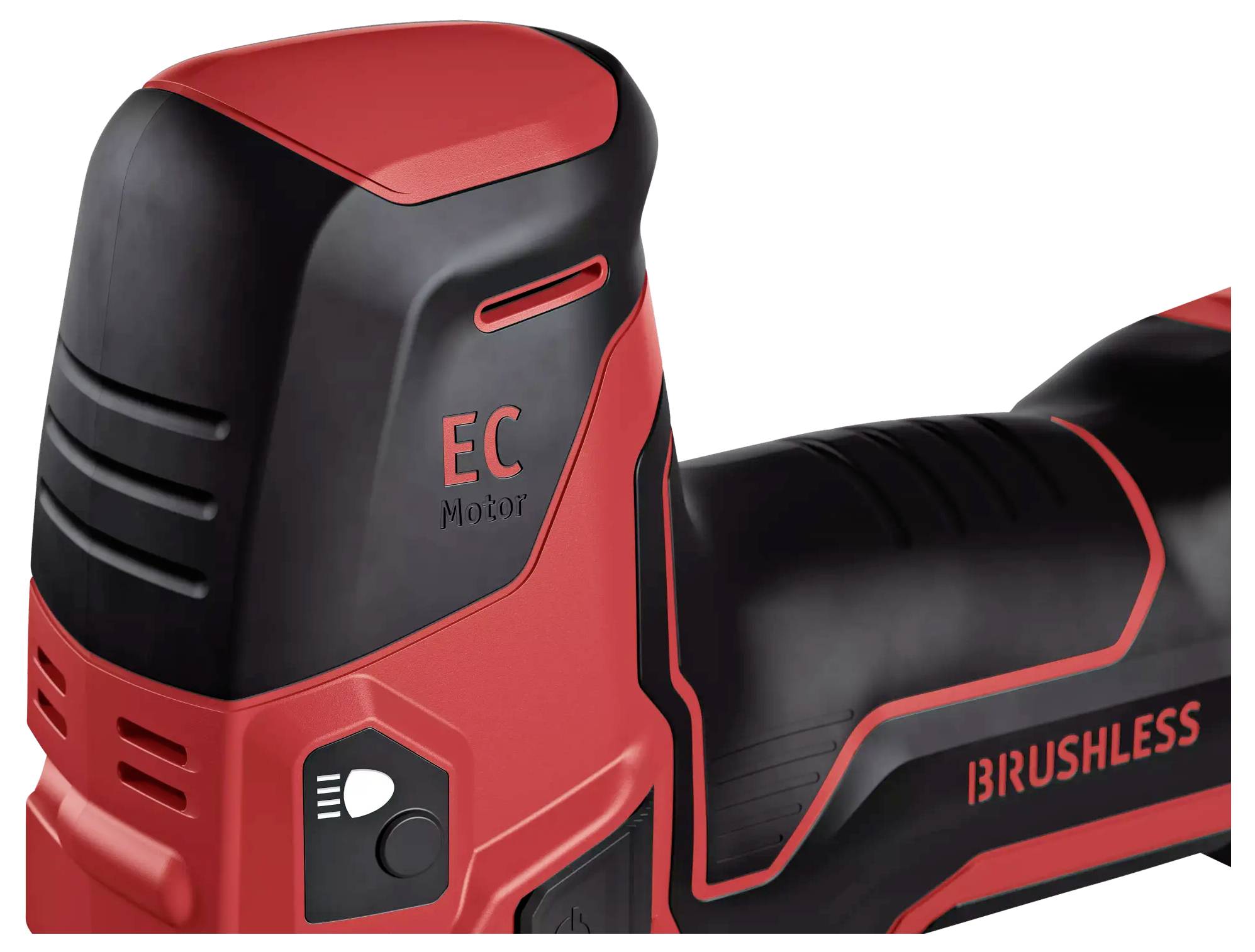 Une poignée d'outil électrique rouge et noire portant l'inscription « EC Motor » et « BRUSHLESS », illustrant un moteur sans balais.