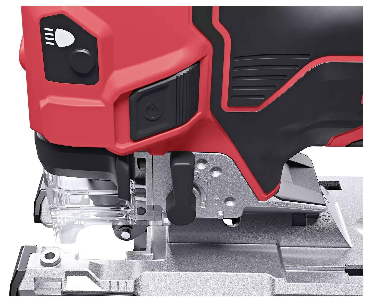 Une scie sauteuse rouge avec des accents argentés et noirs, posée sur un support métallique.