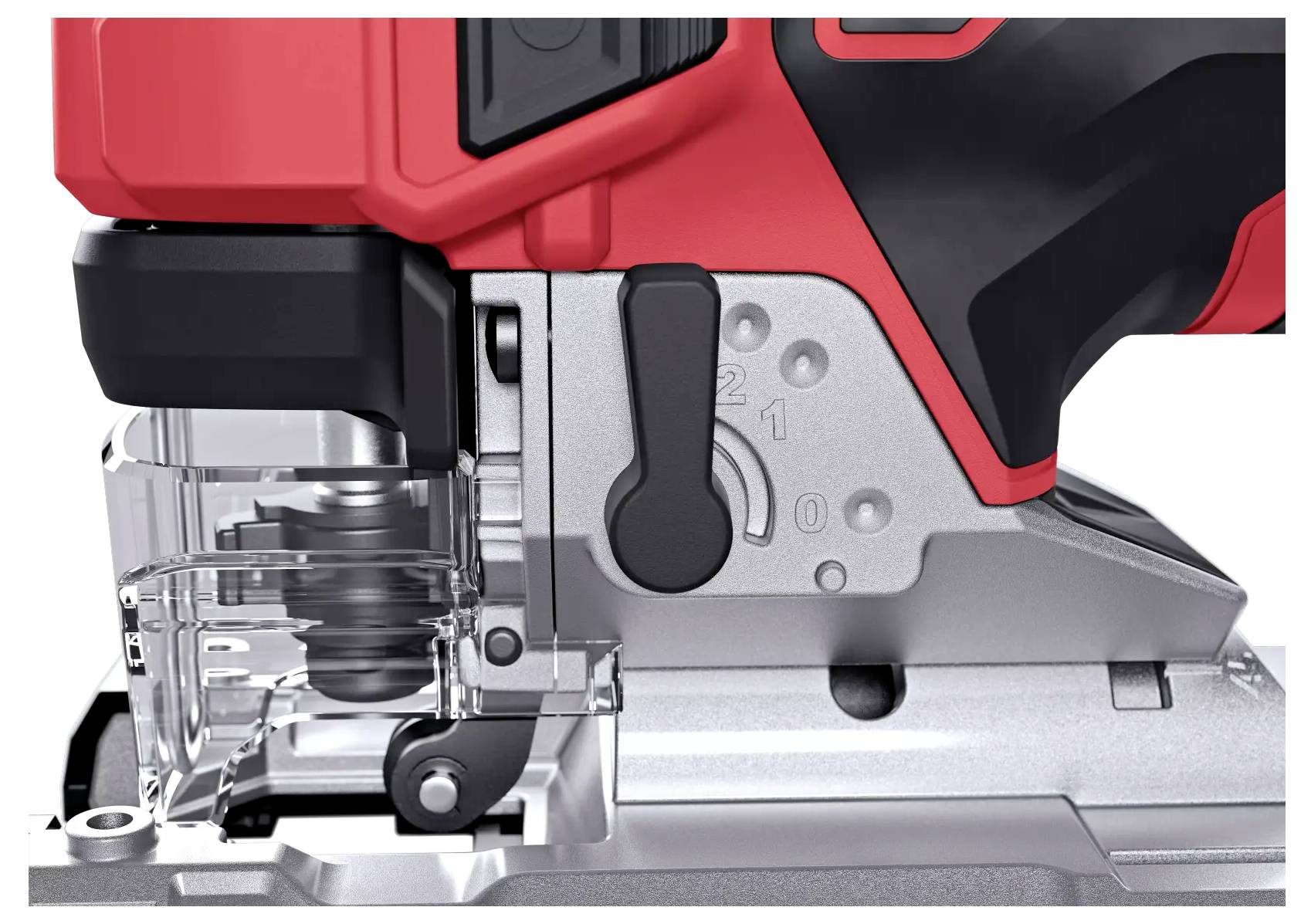 Gros plan d'une scie sauteuse rouge avec un capot de protection transparent, un bouton de réglage de vitesse noir et des détails argentés.