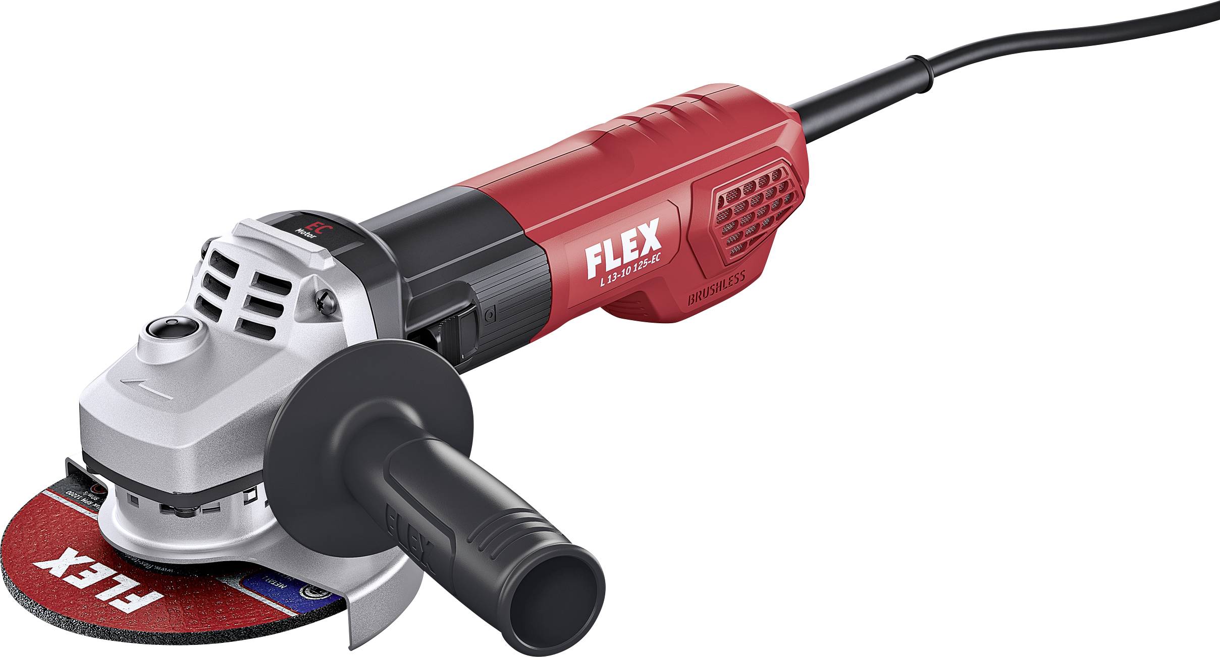 Une meuleuse d'angle rouge Flex est posée sur le côté. Elle dispose d'un manche latéral noir et d'un disque de ponçage monté.