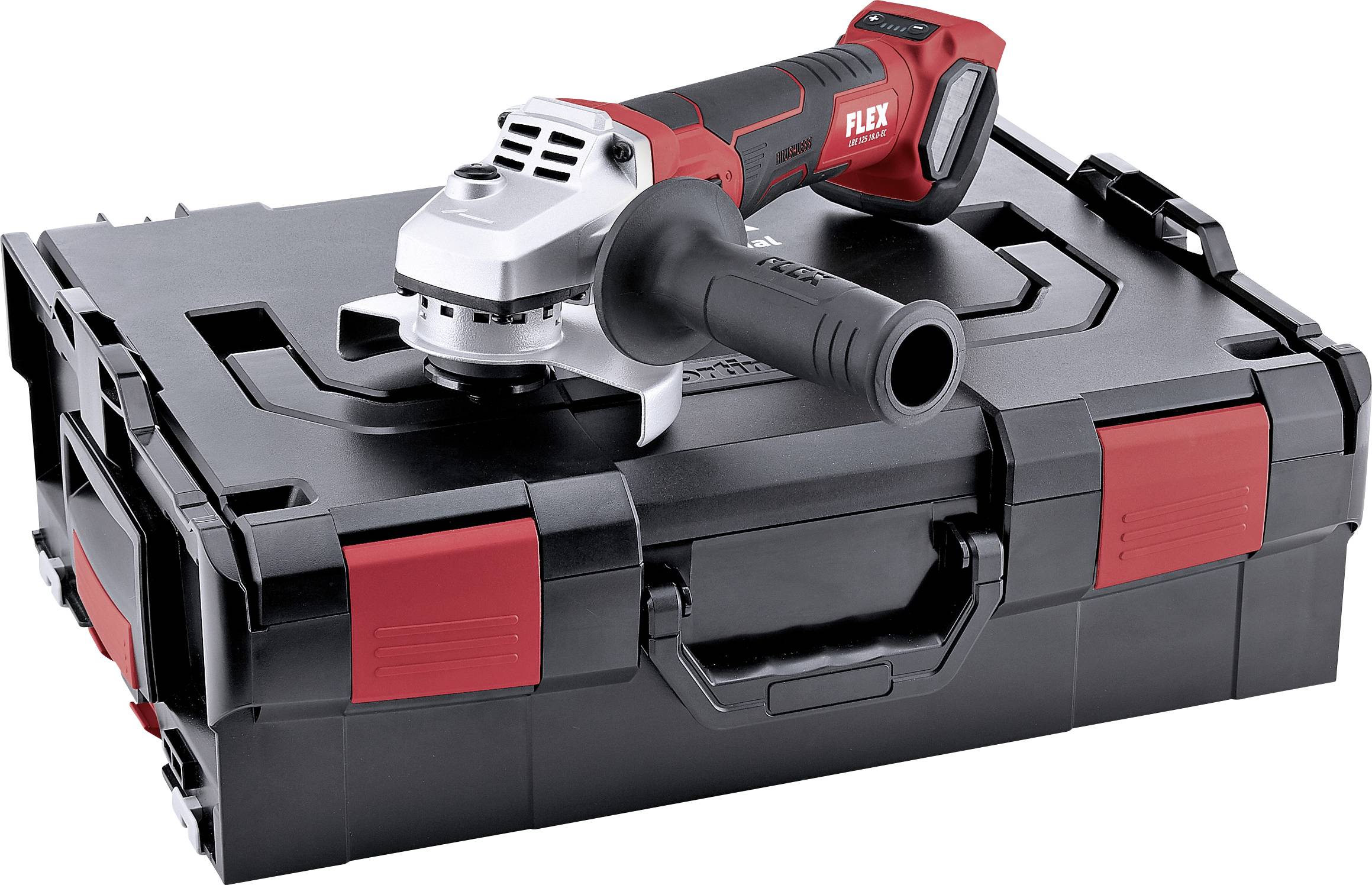 Un meuleuse d'angle rouge et grise de Flex est posée sur un coffret à outils noir.
