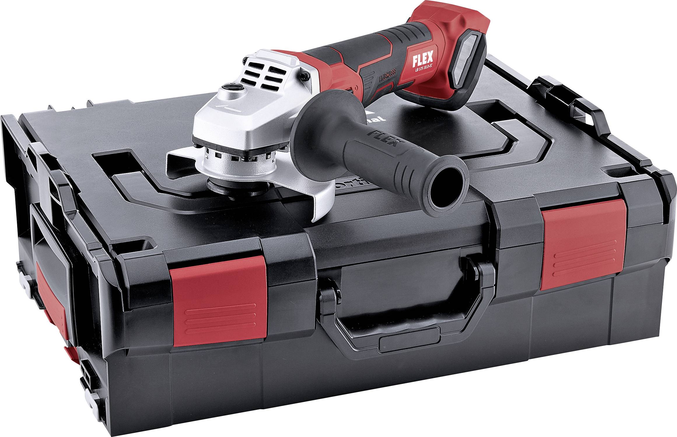 Un meuleuse d'angle est posée sur un coffret à outils noir. La meuleuse a une poignée rouge et est prête à l'emploi.