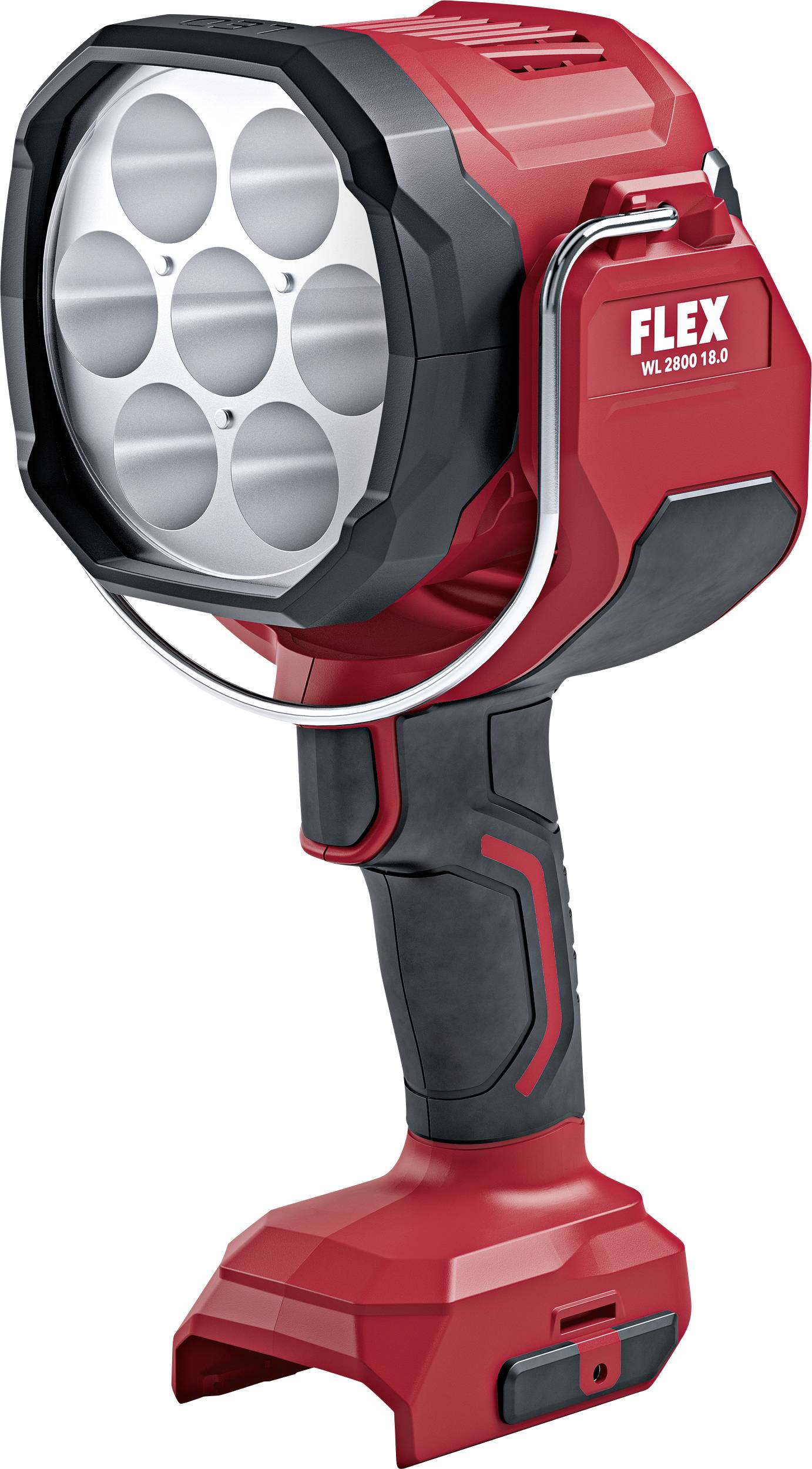 Une lampe de travail à LED rouge et noire avec poignée et plusieurs lentilles à l'avant ; marque 'FLEX'.