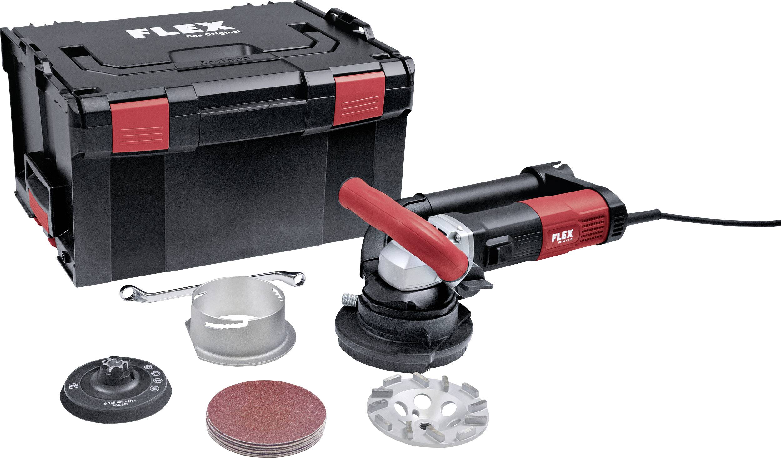 Ensemble de meuleuse d'angle avec plusieurs accessoires et un coffret à outils noir. Les couleurs principales sont le noir et le rouge.