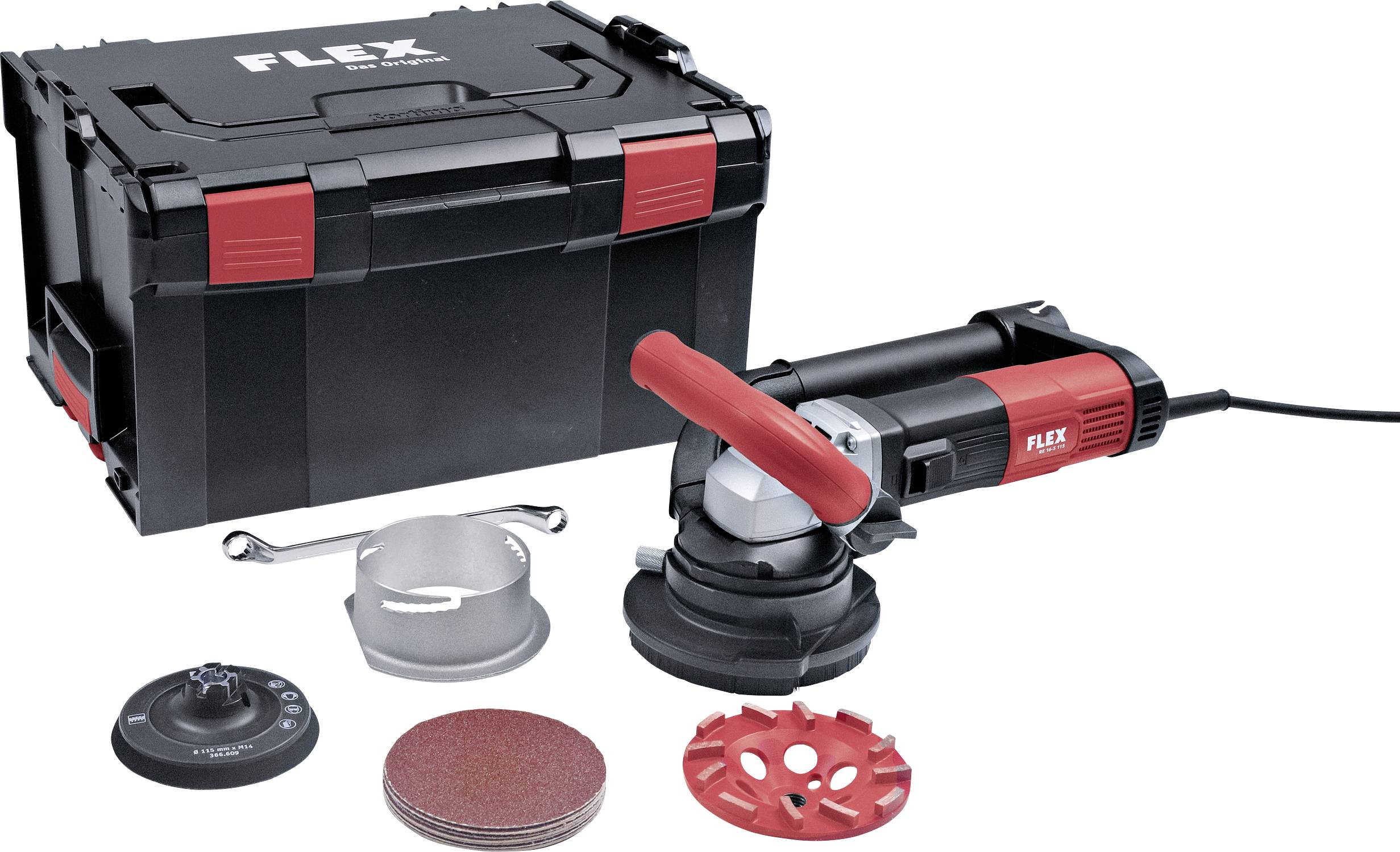 Une machine de polissage manuelle rouge et noire à côté de sa valise de transport. Des accessoires tels que des disques de ponçage et un capot de protection sont également représentés.