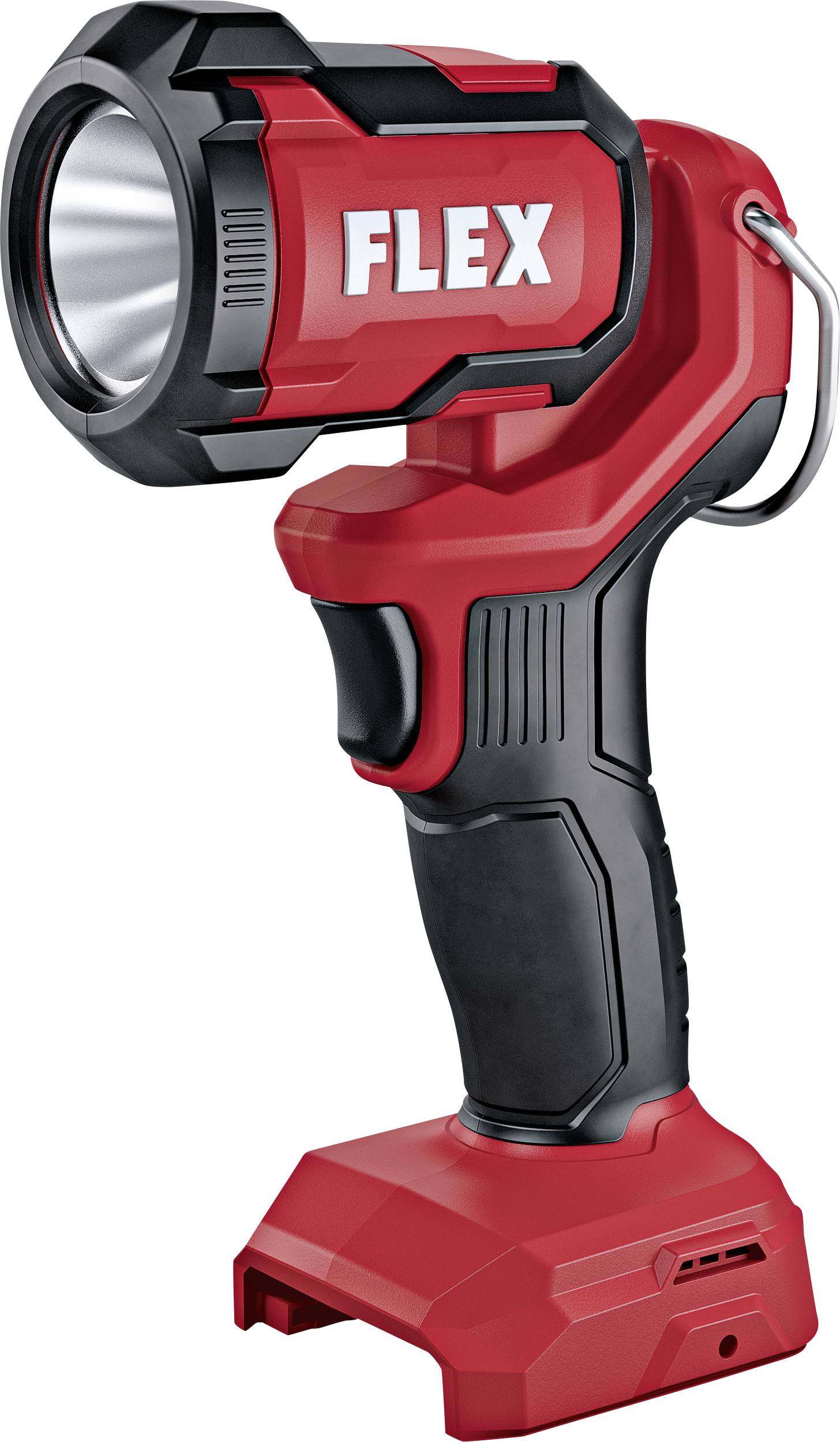 Lampe de travail à LED rouge et noire avec poignée ergonomique et grand projecteur, nom de marque 'FLEX' en blanc sur la partie supérieure.