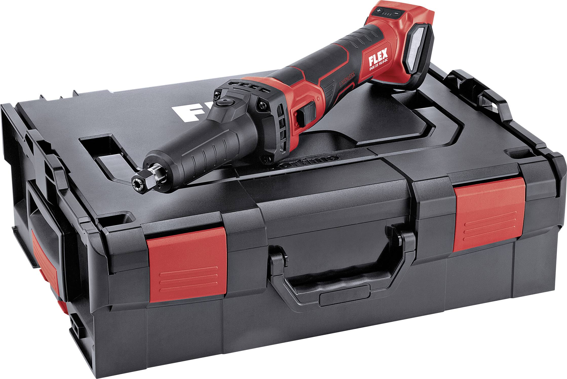 Un meuleuse sans fil rouge et noir est posé sur un coffret à outils noir, le logo 'FLEX' est visible.