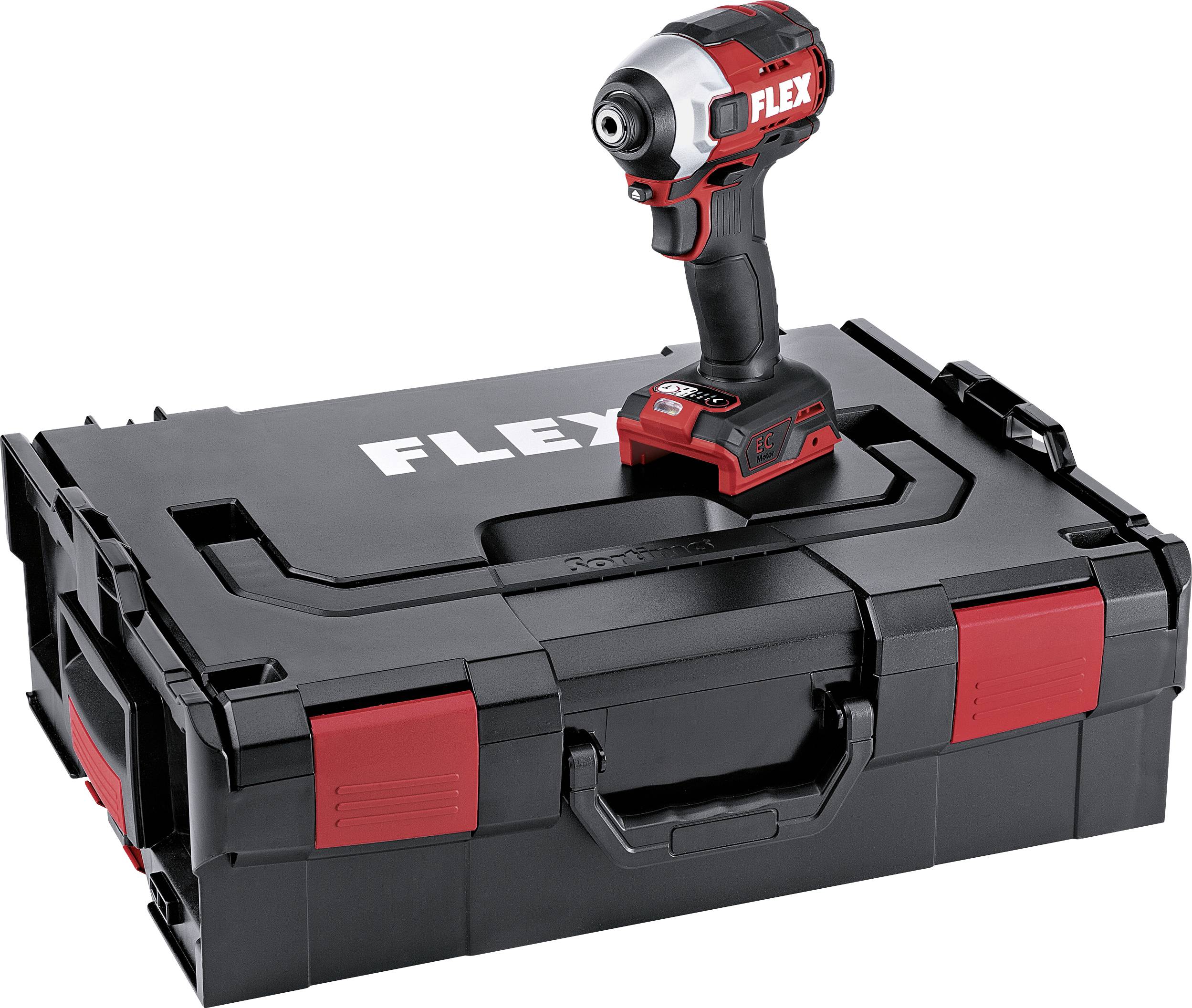 Visseuse sans fil et mallette de la marque Flex, noir et rouge, sur un fond gris.