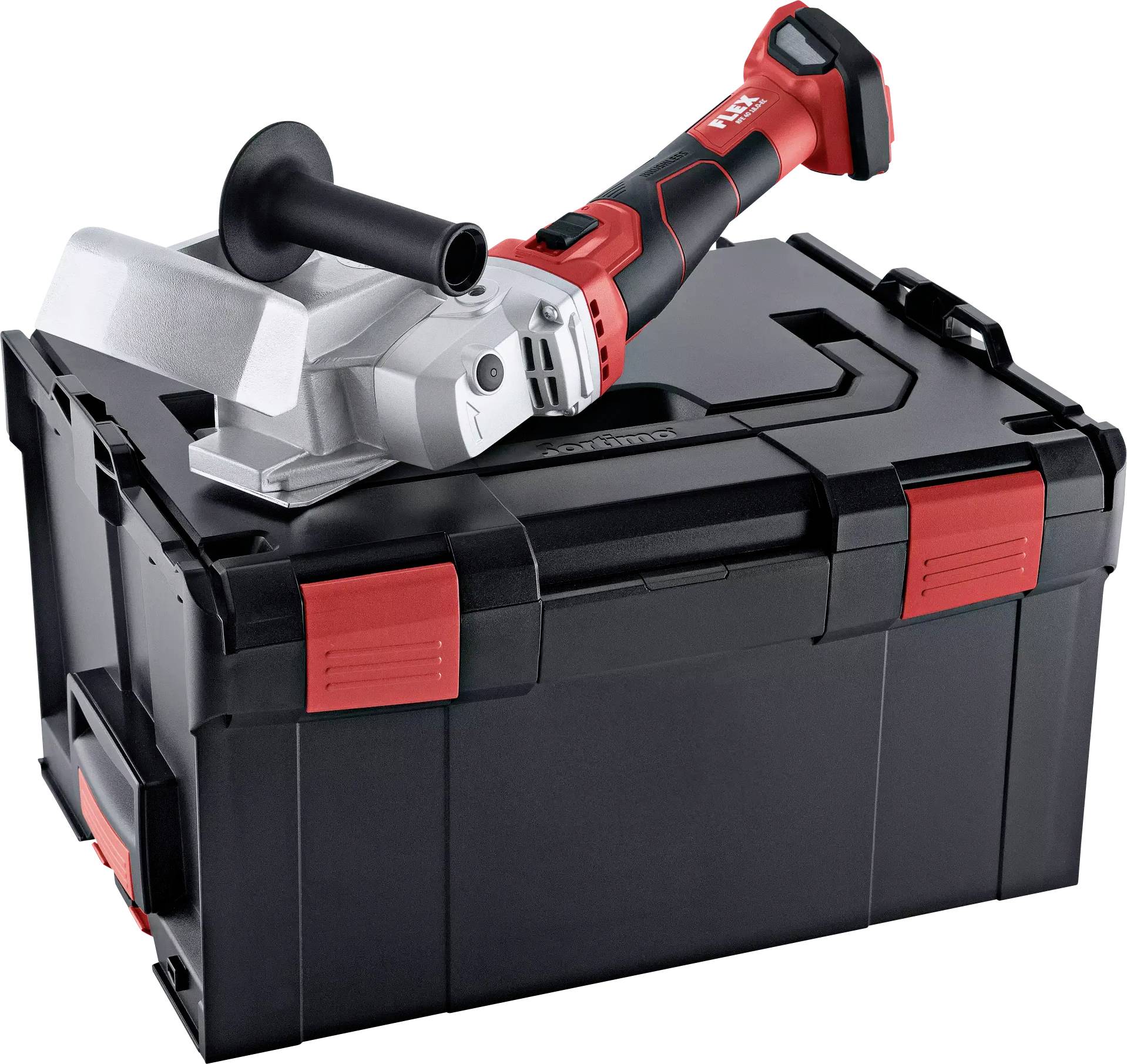 Une meuleuse électrique rouge et noire est posée sur un coffret à outils noir avec des fermoirs rouges.