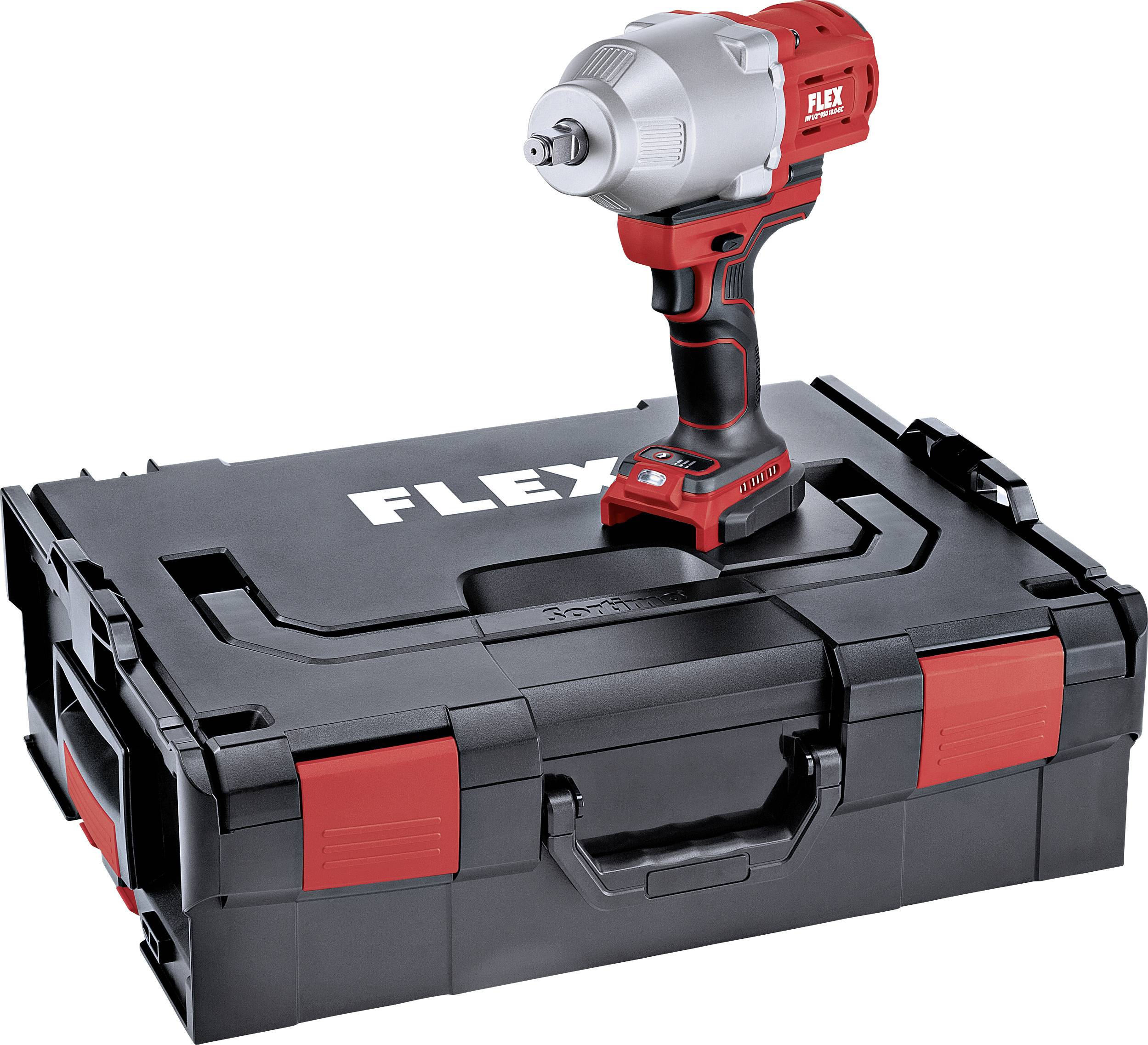 Un tournevis à percussion sans fil rouge est posé sur un coffret à outils noir portant le logo 'Flex', adapté aux travaux artisanaux.