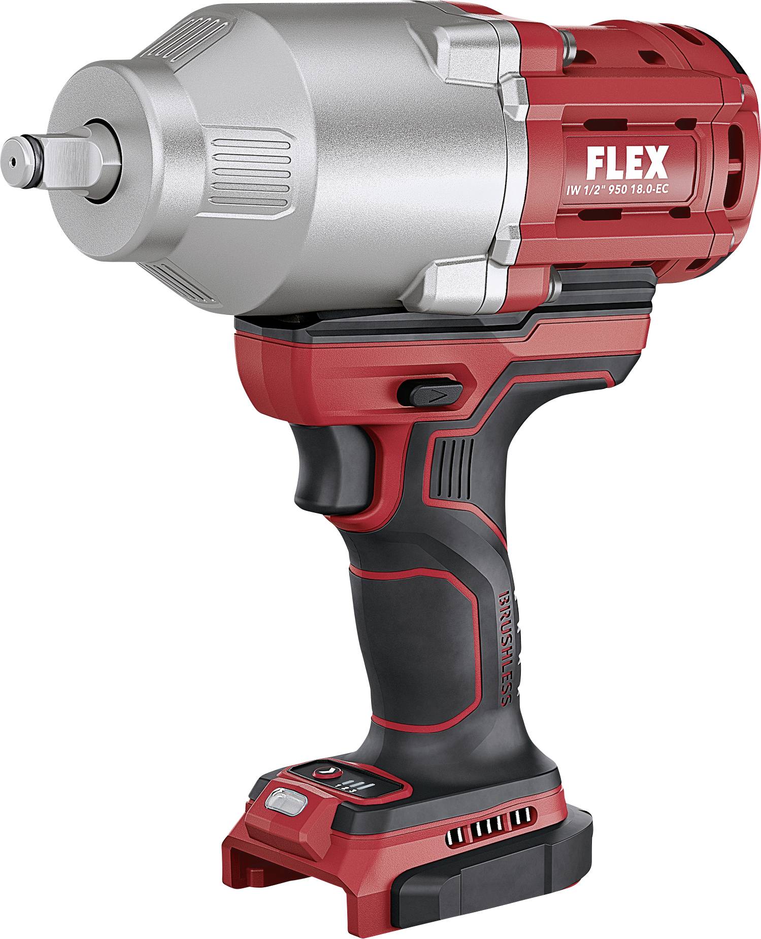 Visseuse à chocs en rouge et argent de la marque Flex, modèle 18.0-EC, adaptée pour une utilisation professionnelle. Montre la poignée et le carter moteur.