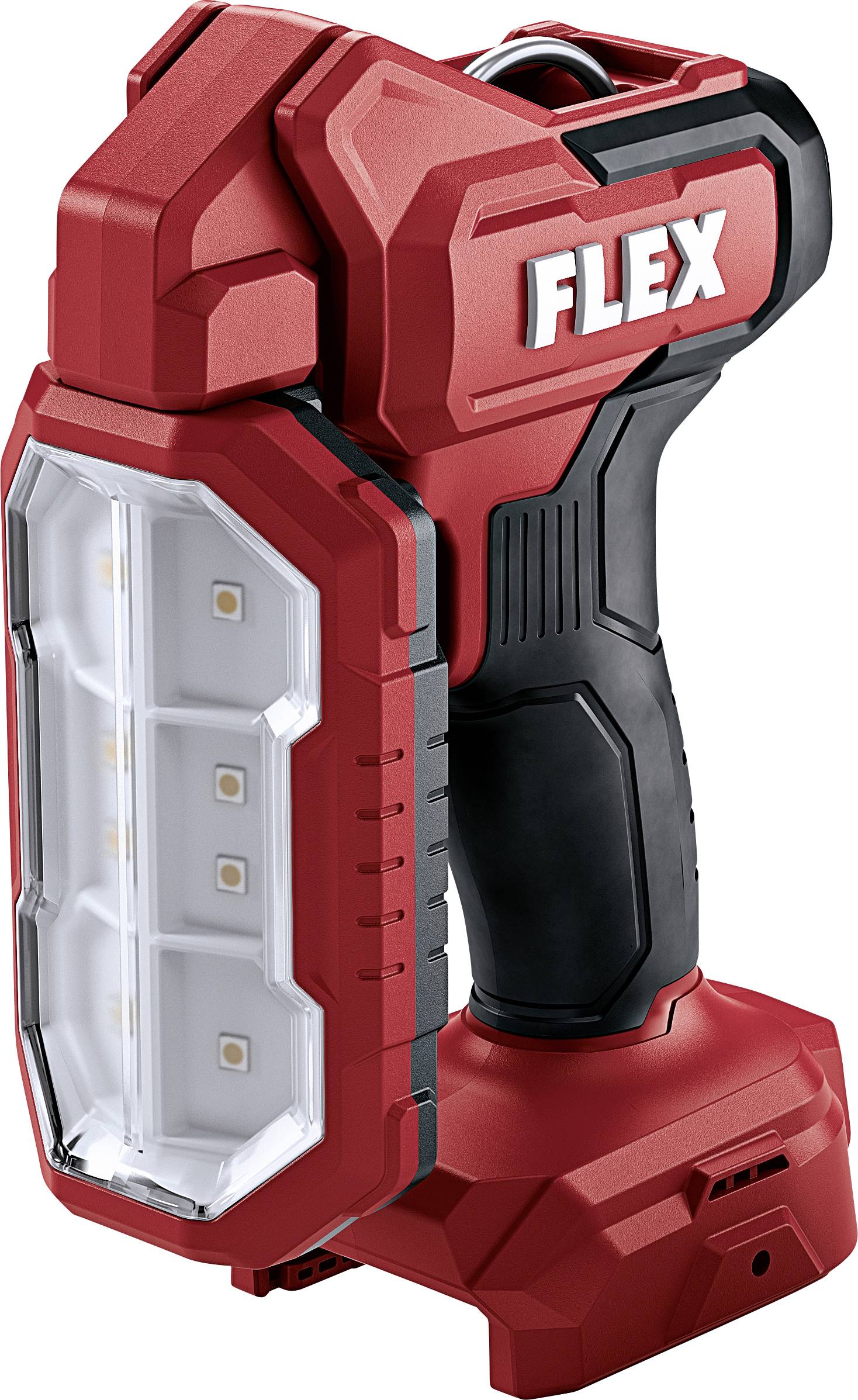 Une lampe de travail à LED rouge avec une poignée noire et six LED visibles. Le nom de marque 'FLEX' est visible sur le dessus.