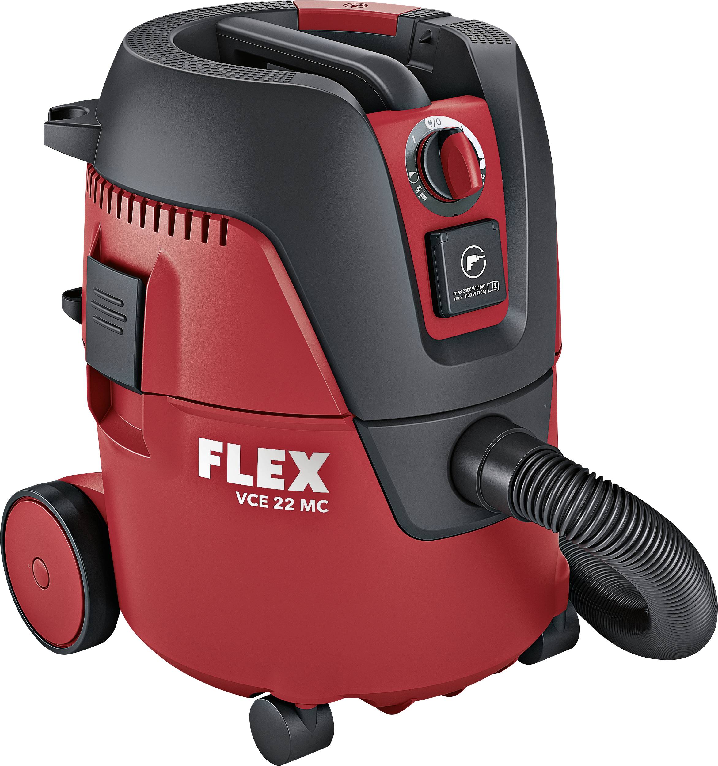 Un aspirateur industriel rouge portant l'inscription 'FLEX VCE 22 MC', avec un tuyau noir et un interrupteur, posé sur des roulettes.