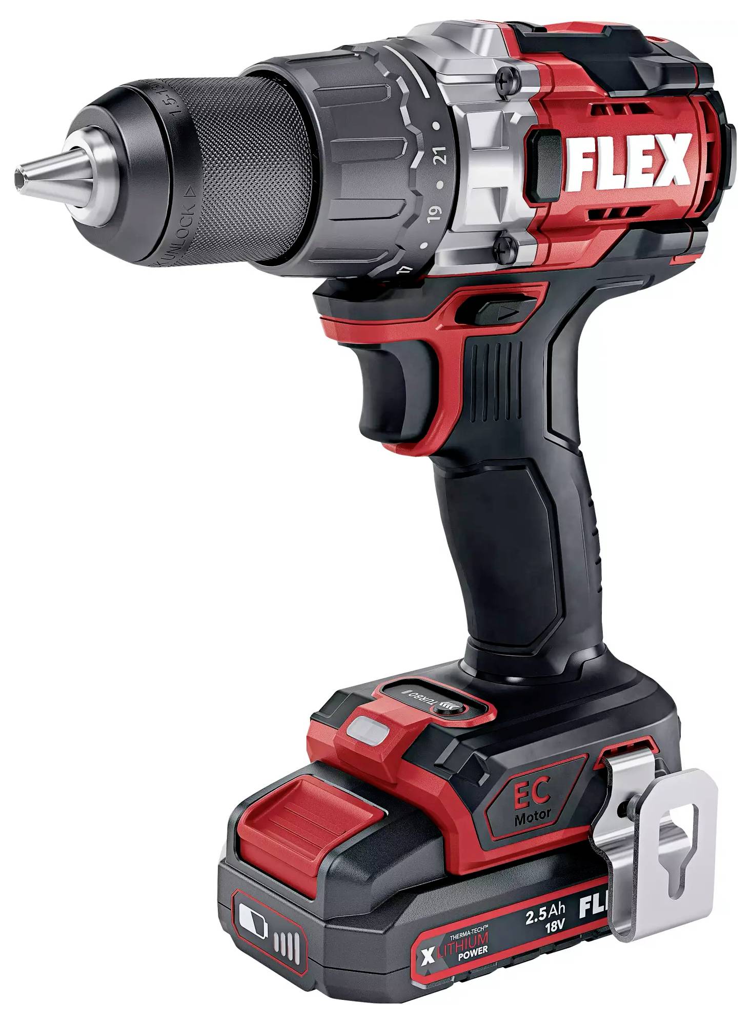 Visseuse sans fil en noir et rouge, marque 'FLEX', avec moteur EC 16V et batterie lithium-ion de 2,5 Ah. Robuste, sans fil, design ergonomique.