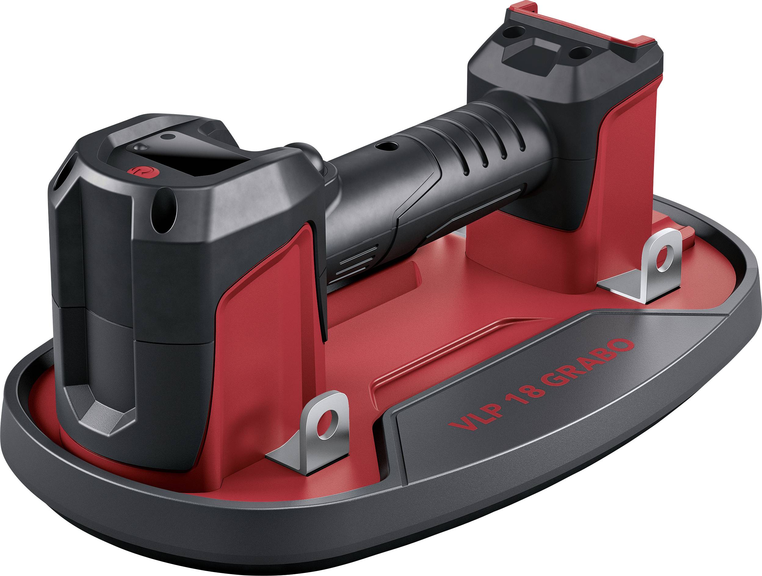 Appareil de levage à vide portable avec design rouge et noir, poignée centrale, adapté pour soulever des surfaces lisses. Inscription 'VLP 18 Grabo'.