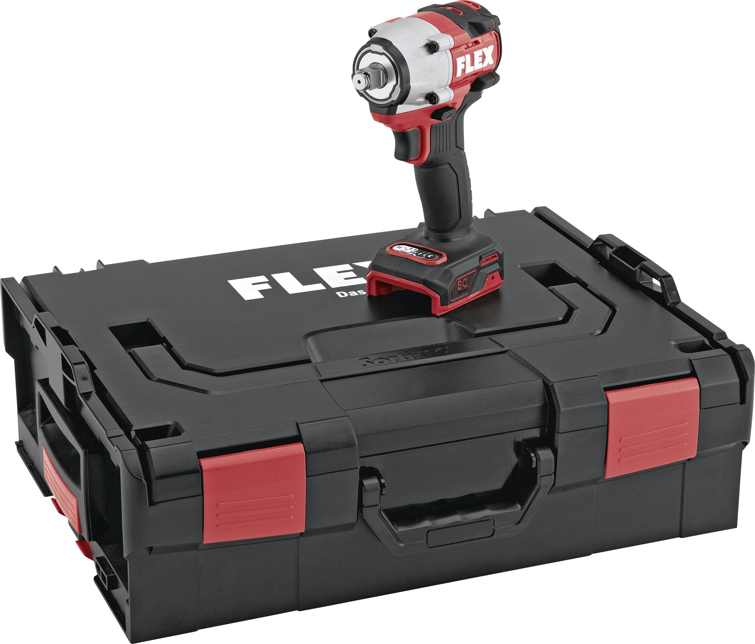 Visseuse sans fil de la marque FLEX, posée sur un coffret à outils noir au design rouge et noir.