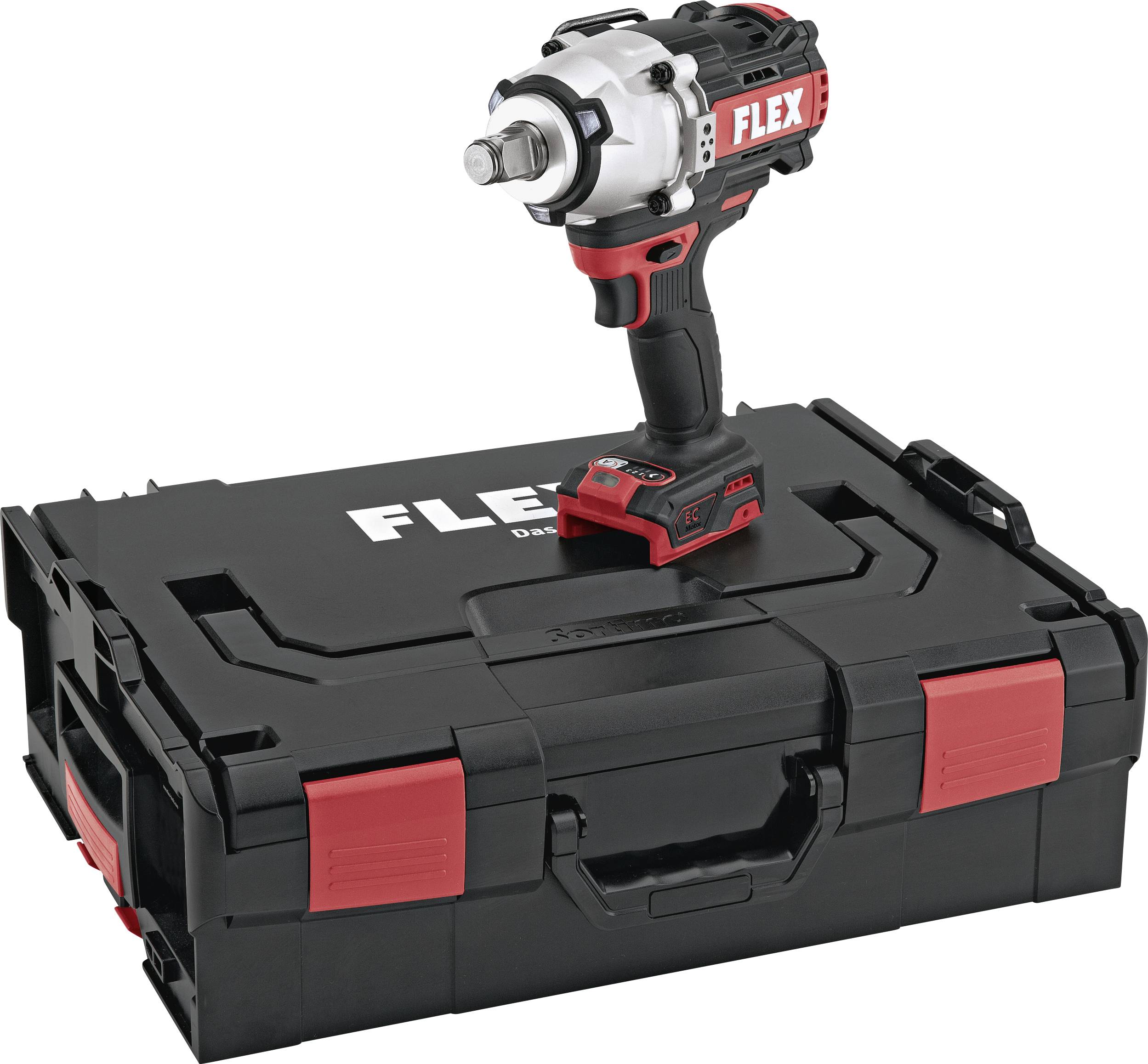 Un visseuse à choc de la marque FLEX est posée sur un coffret à outils noir. Le coffret possède des fermoirs rouges et porte également le logo FLEX.