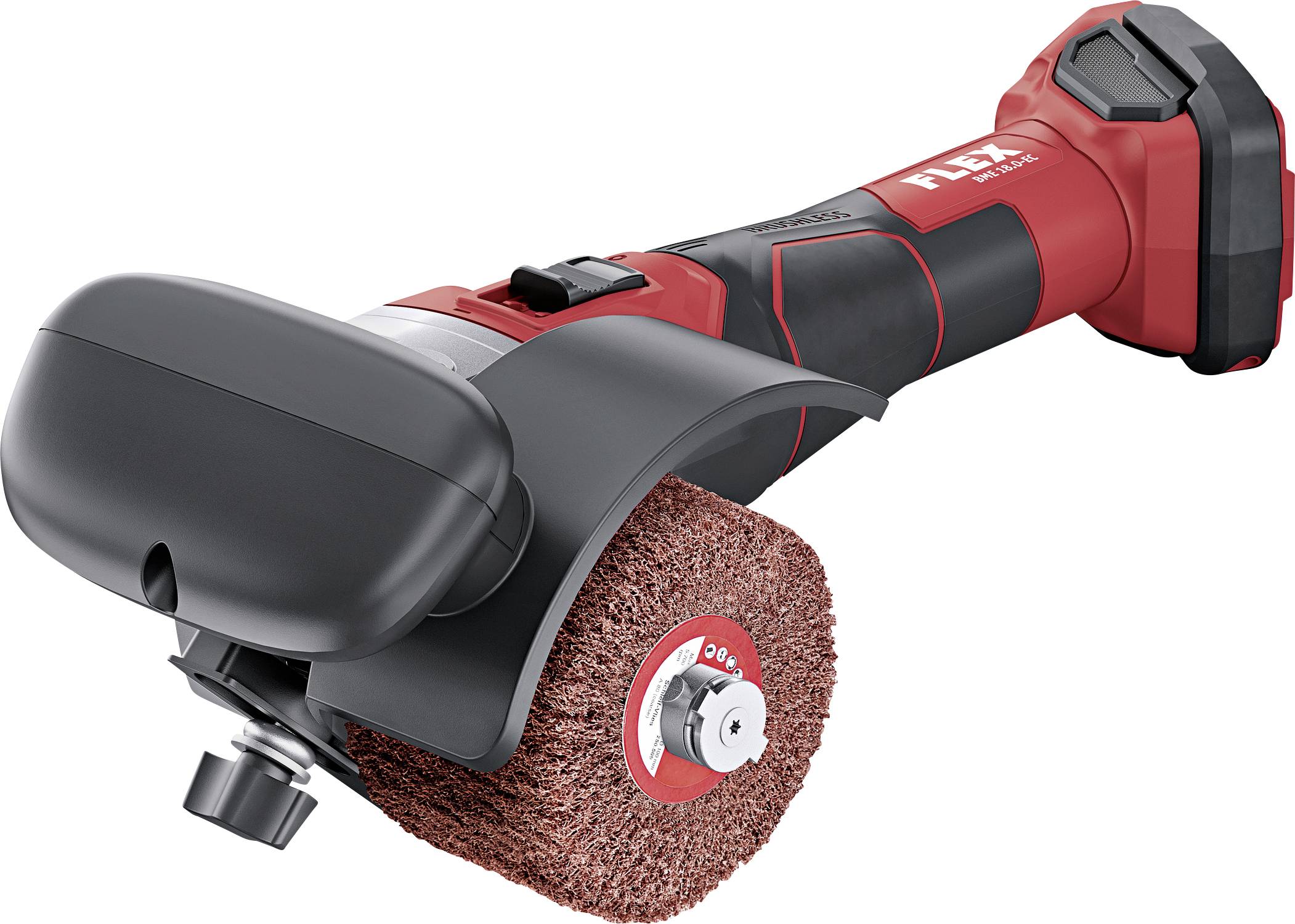 Machine à polir à batterie avec boîtier rouge et noir et embout de polissage marron ; convient pour poncer ou polir.