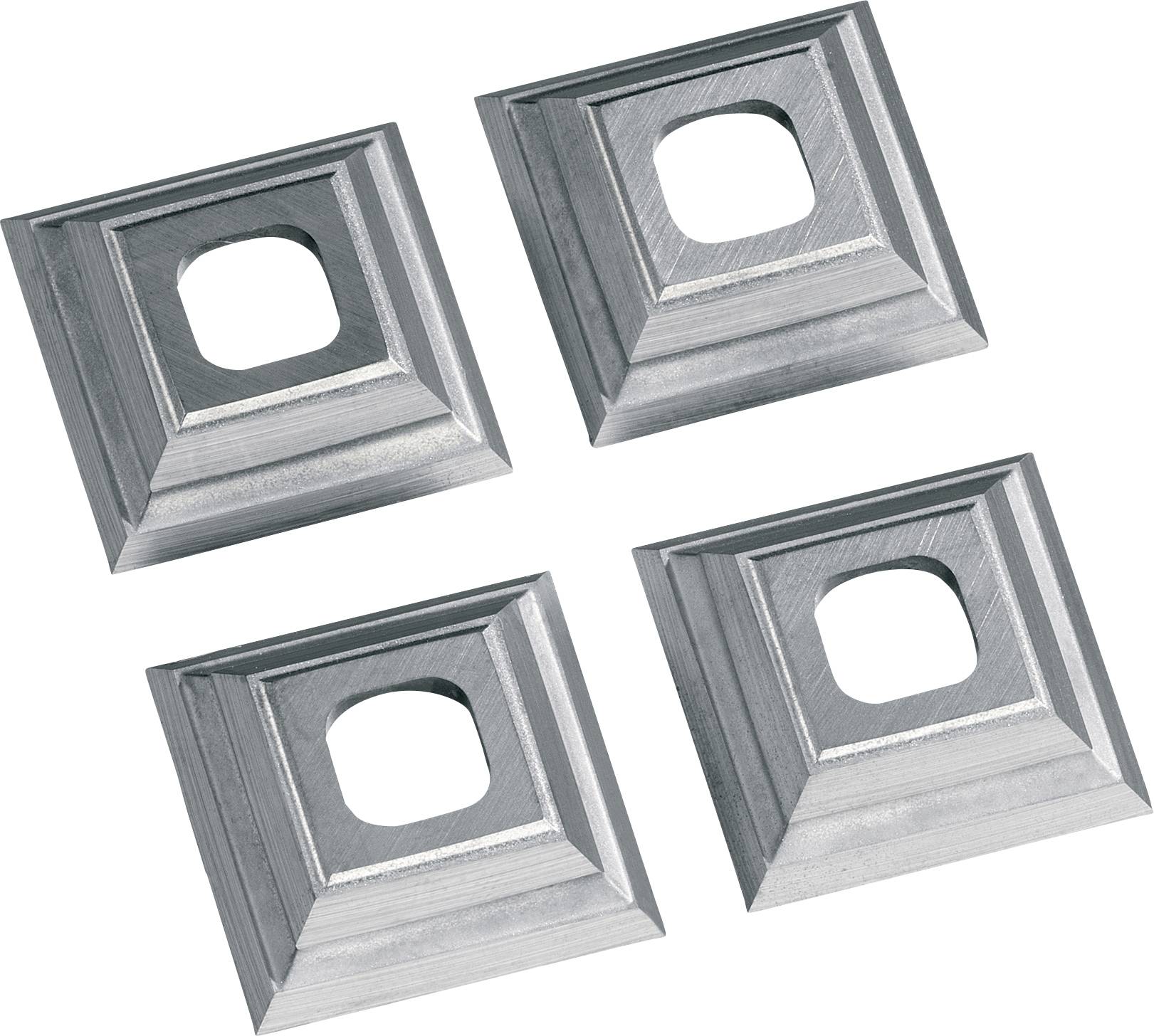 Quatre plaques métalliques carrées avec un trou carré central, disposées de manière uniforme et symétrique sur un fond clair.