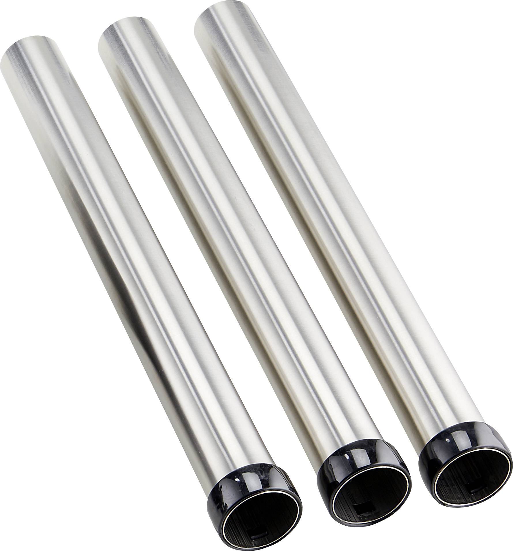 Trois tubes métalliques argentés avec des embouts noirs sont disposés côte à côte sur un fond blanc.