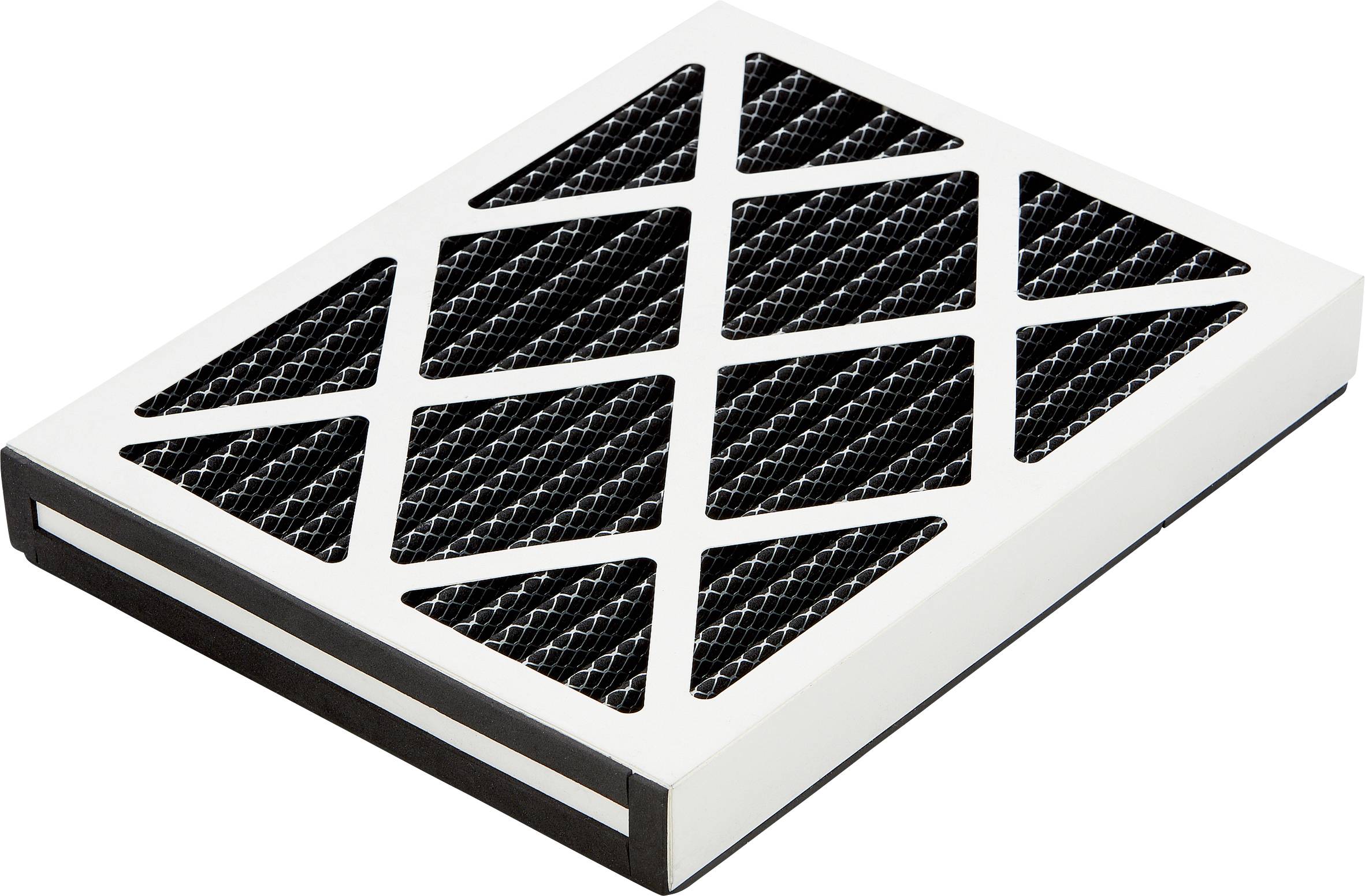 Un filtre à air rectangulaire blanc avec un motif de grille diagonal noir, utilisé pour purifier l'air dans les systèmes de chauffage et de ventilation.