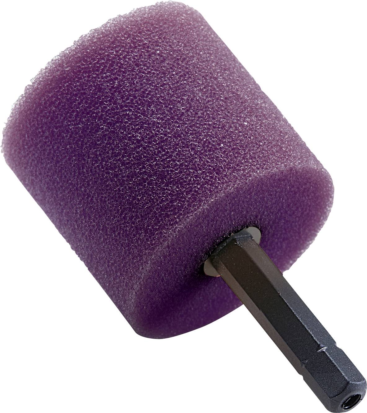 Gros plan sur un embout de meulage de couleur lilas, de forme cylindrique, avec une tige métallique permettant de le fixer dans un outil.