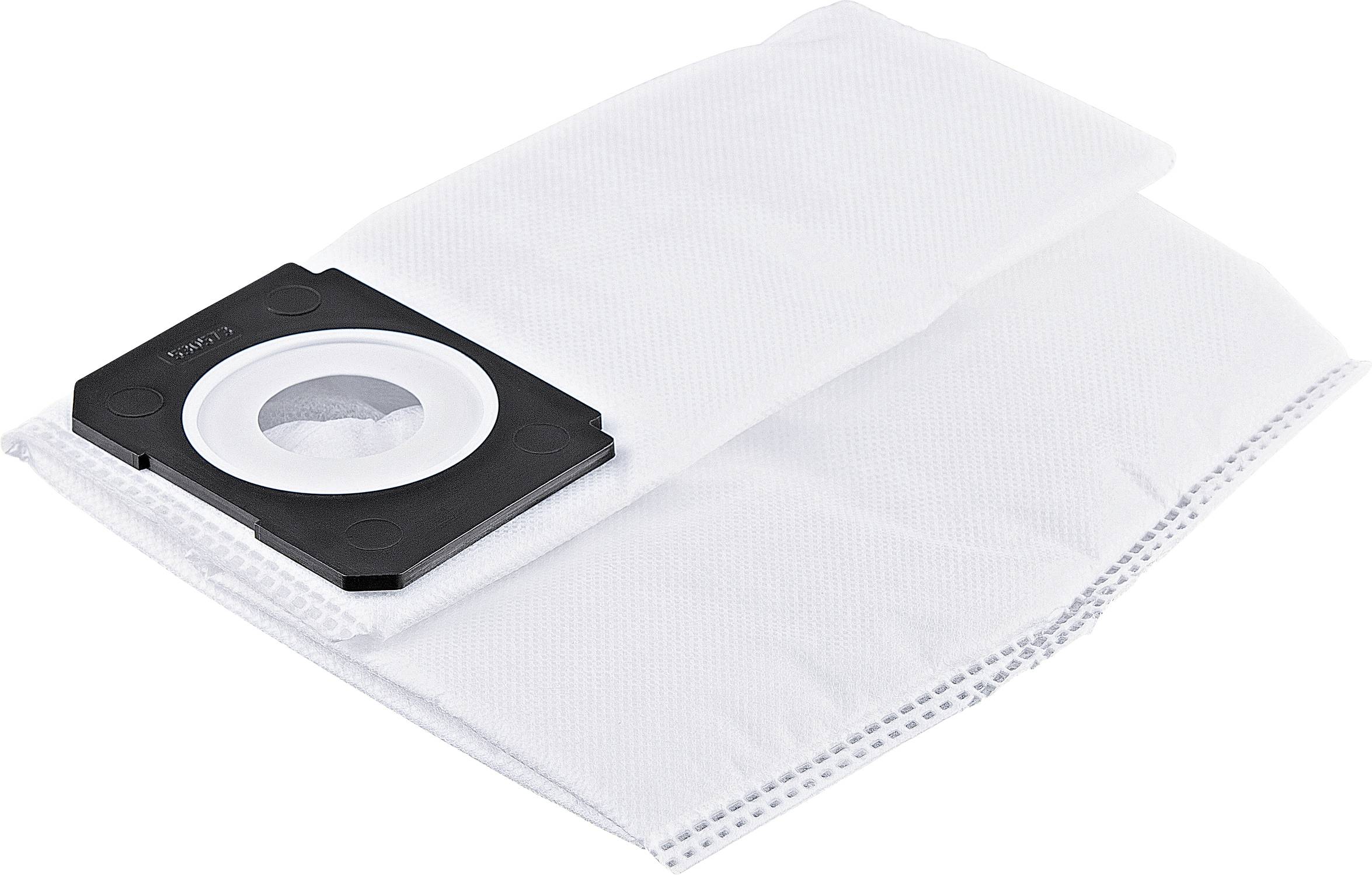 Un sac d'aspirateur blanc en tissu avec un embout rectangulaire en plastique, posé sur le côté.