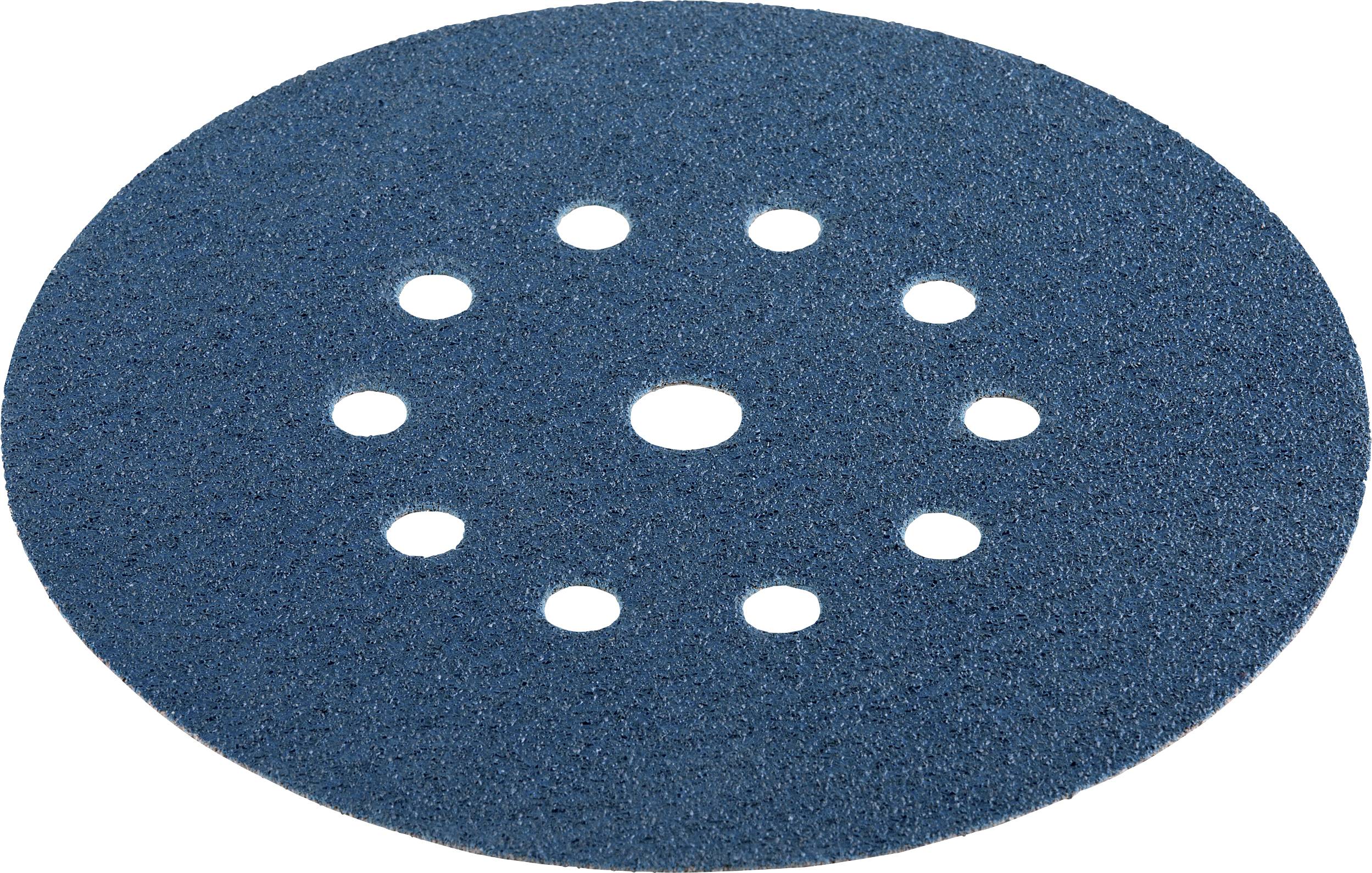 Un disque de ponçage rond bleu avec plusieurs petits trous circulaires, répartis uniformément, sur un fond blanc.