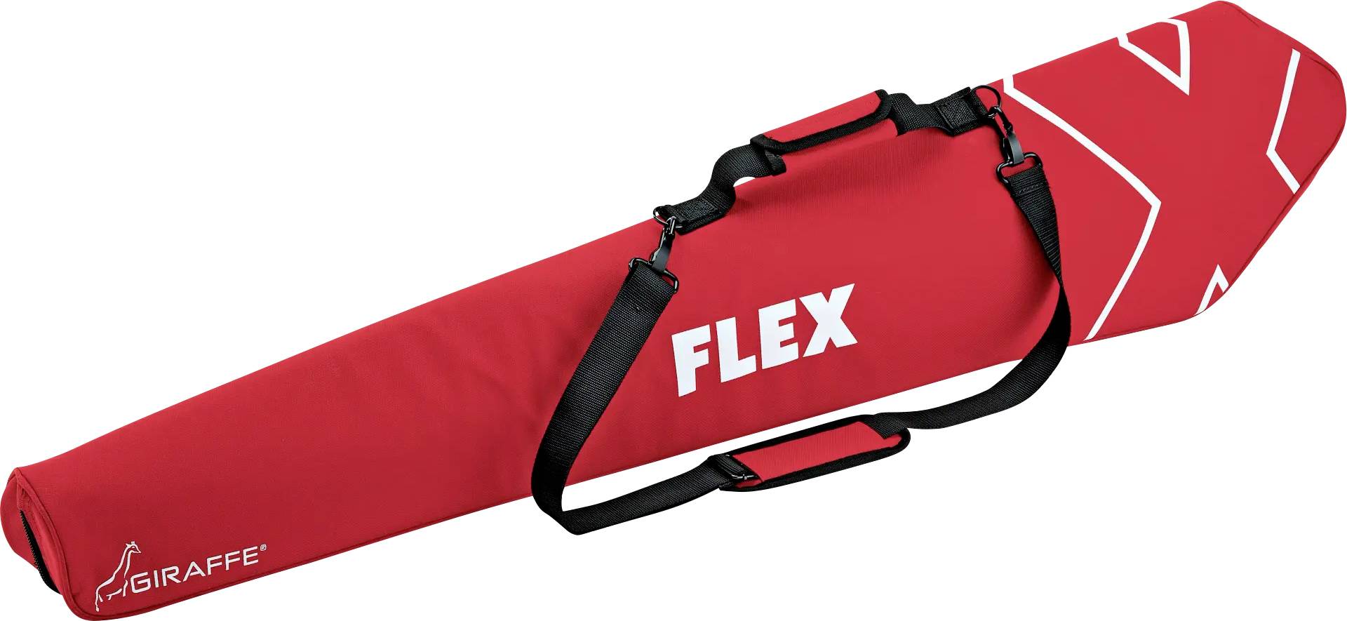 Sac de transport rouge avec des impressions blanches 'FLEX' et 'GIRAFFE'. Le sac dispose d'une bandoulière et a une forme allongée.
