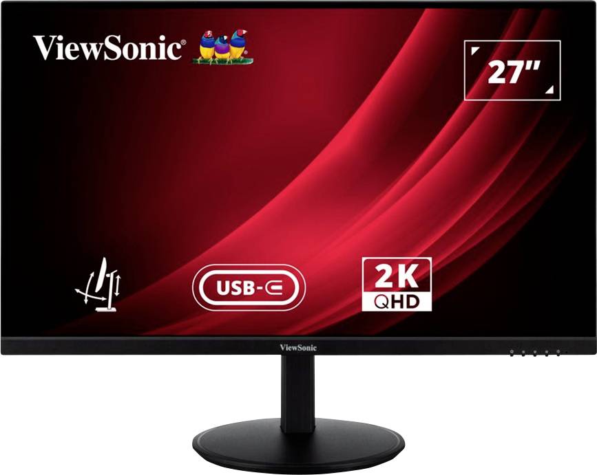 Un moniteur ViewSonic avec une diagonale d'écran de 27 pouces, port USB-C et résolution 2K QHD. L'écran affiche des motifs d'ondes rouges.