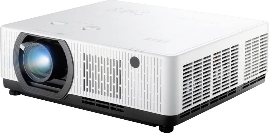 Un projecteur blanc avec un objectif visible est posé dans une pièce éclairée. Il est adapté aux présentations et aux projections de films.