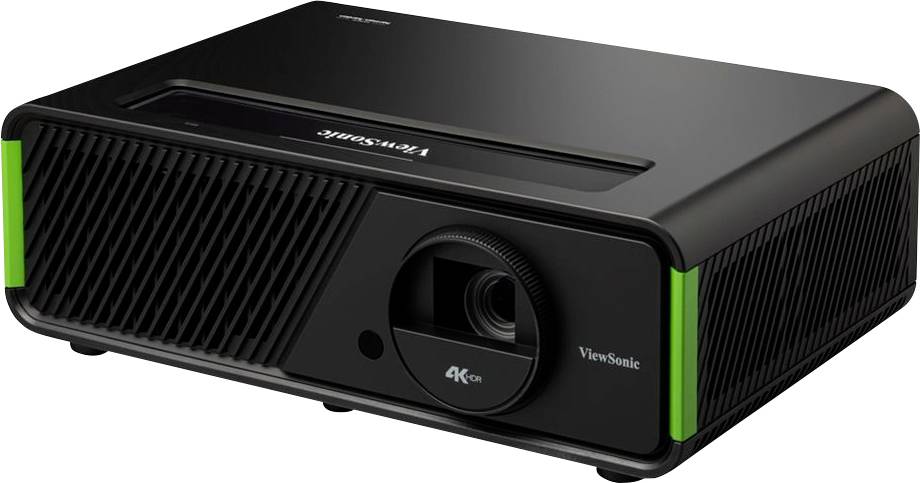 Un projecteur ViewSonic 4K noir avec des touches vertes sur les côtés, posé sur une surface plane.