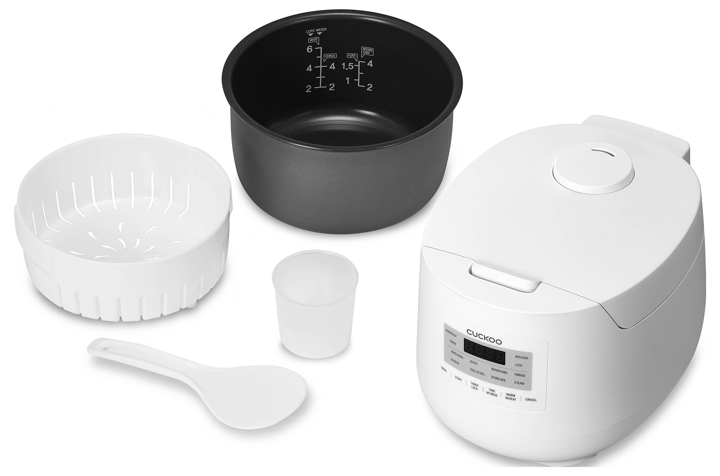 Cuckoo CR-0641F Cuiseur à riz blanc revêtement anti-adhésif, avec verre doseur, fonction cuiseur de riz